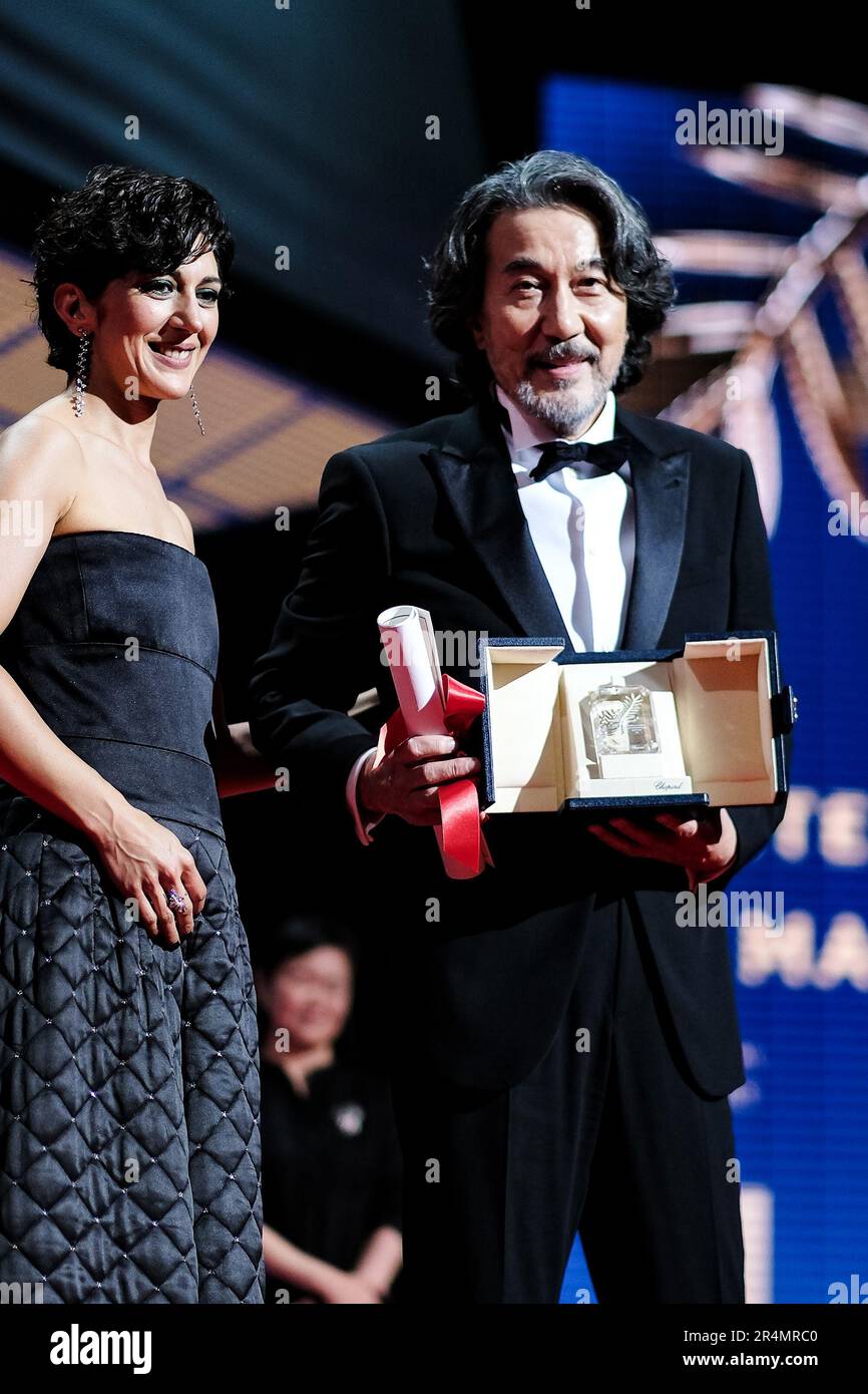 Koji Yakusho receives the Best Actor Award photographed during the Closing Ceremony  for the 76th Cannes International Film Festival at Palais des Festivals in Cannes, France on 27 May 2023. Stock Photo