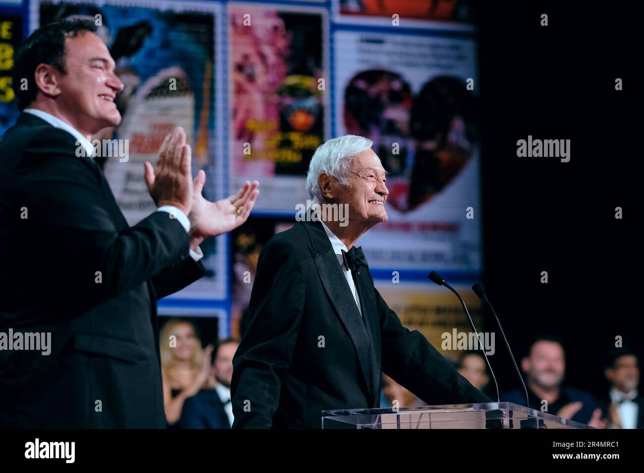 Quentin Tarantino and Roger Corman photographed during the Closing Ceremony  for the 76th Cannes International Film Festival at Palais des Festivals in Cannes, France on 27 May 2023. Stock Photo