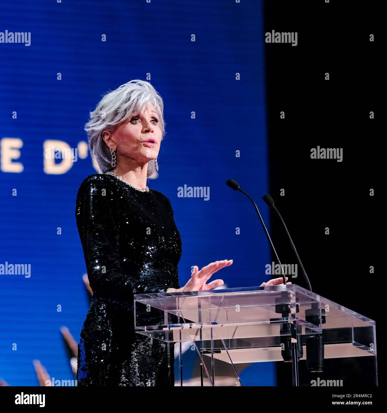 Jane Fonda presented the Palme D’Or photographed during the Closing Ceremony  for the 76th Cannes International Film Festival at Palais des Festivals in Cannes, France on 27 May 2023. Stock Photo