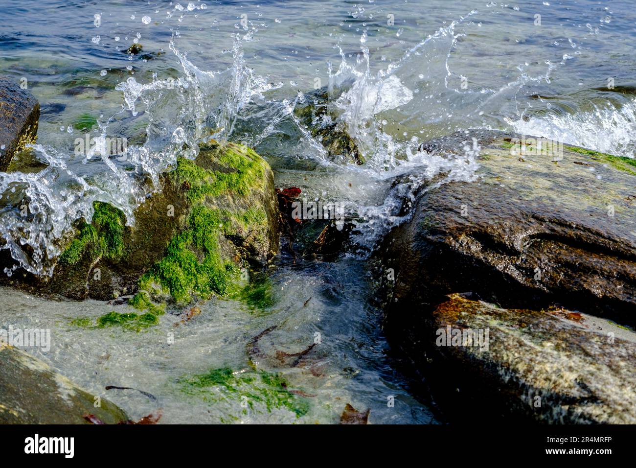 Olberg; Olbergstranden; Raege; Norway; May 20 2023, Small Waves, Breaking Over Rocks On The Shoreline With No People Stock Photo