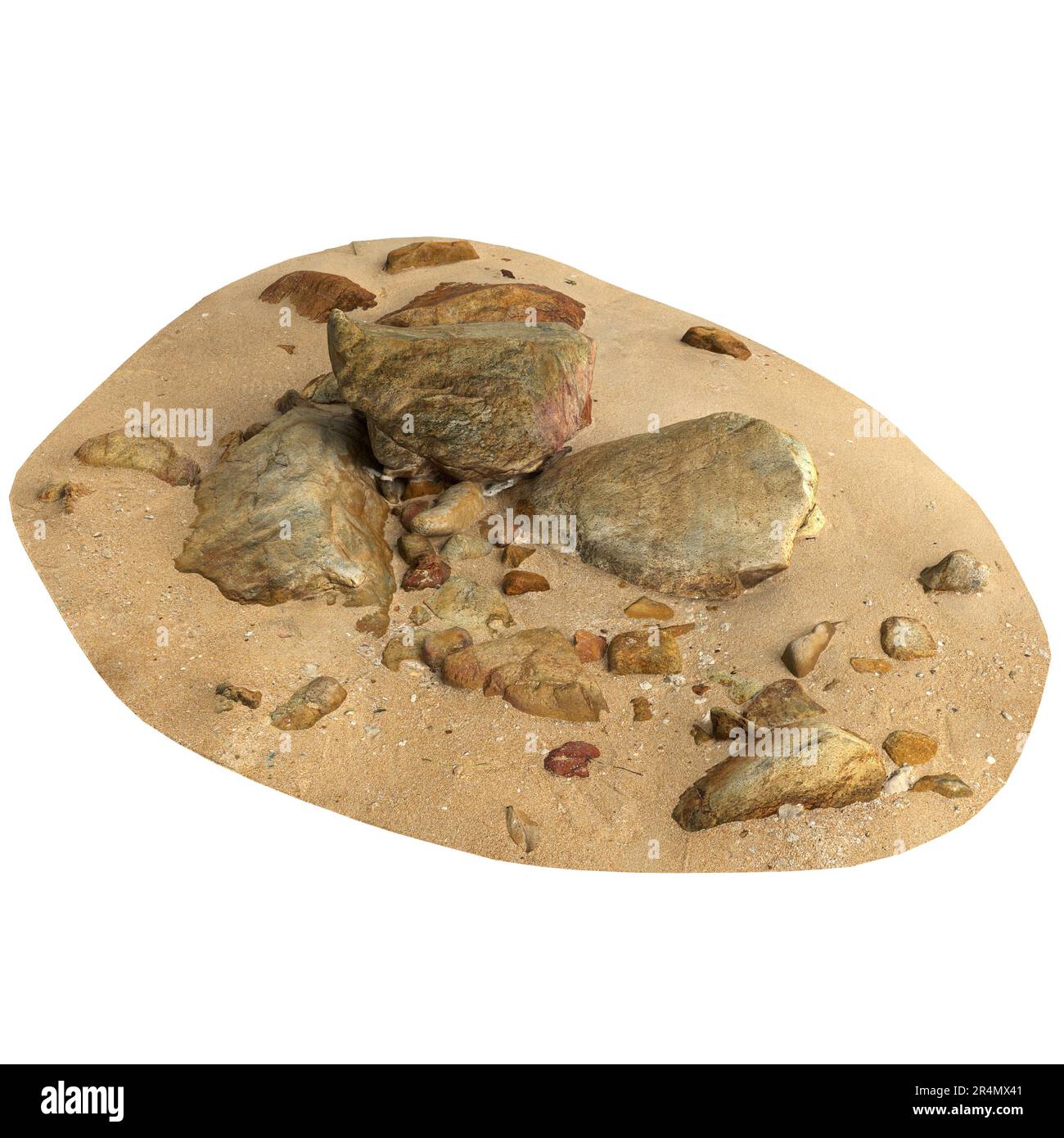 Sand With Rocks Layout 3d illustration of rocks on sand shelf isolated on black background ...