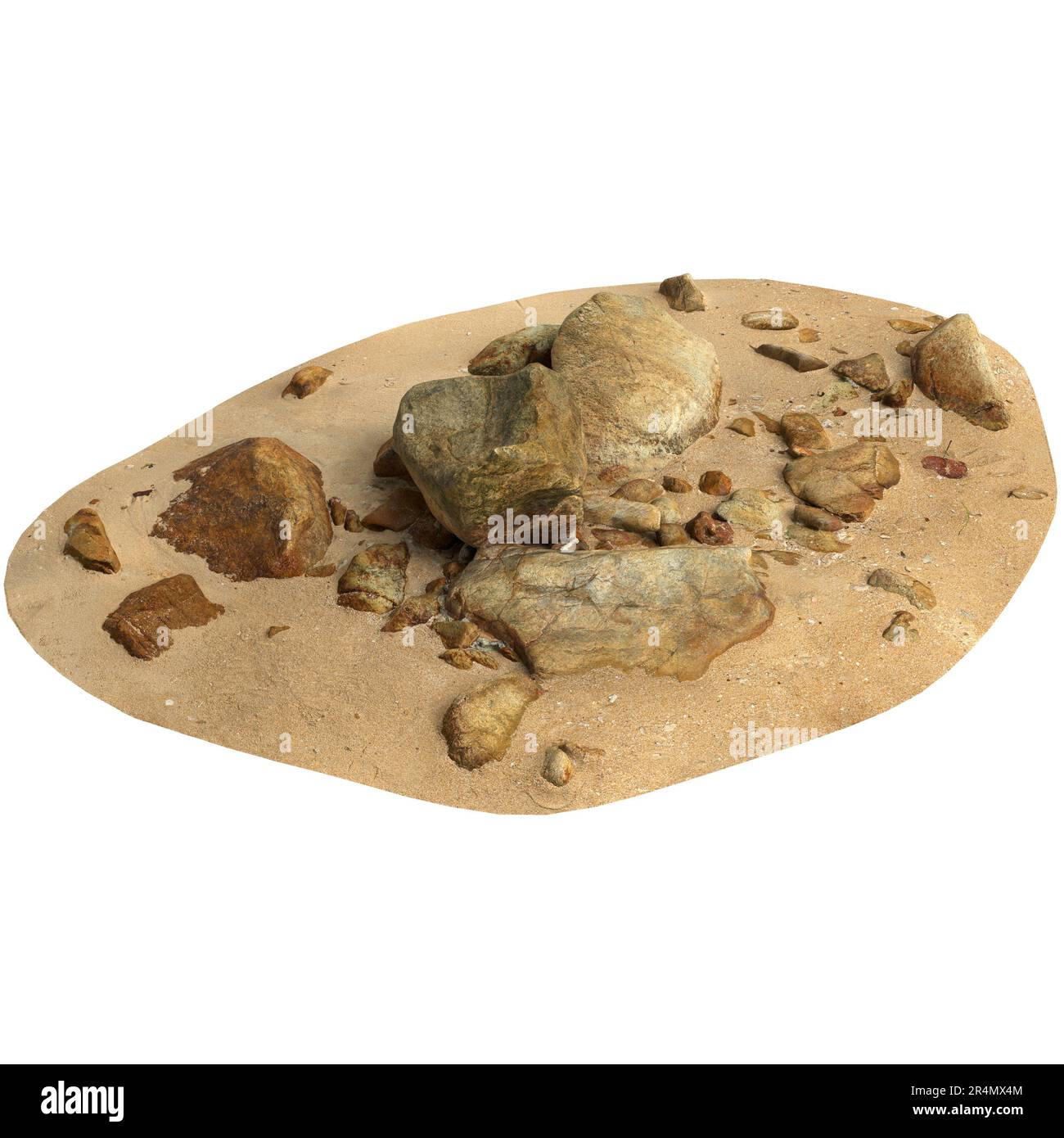 Sand With Rocks Layout 3d illustration of rocks on sand shelf isolated on black background ...