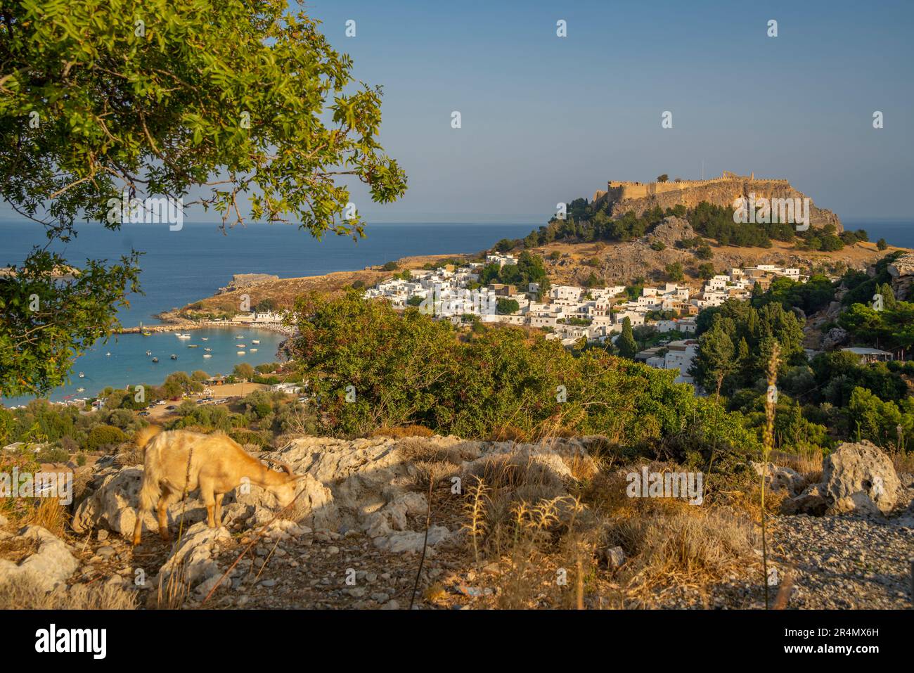 Lindos Rhodes Locals View of Lindos and Lindos Acropolis from elevated position, Lindos ...