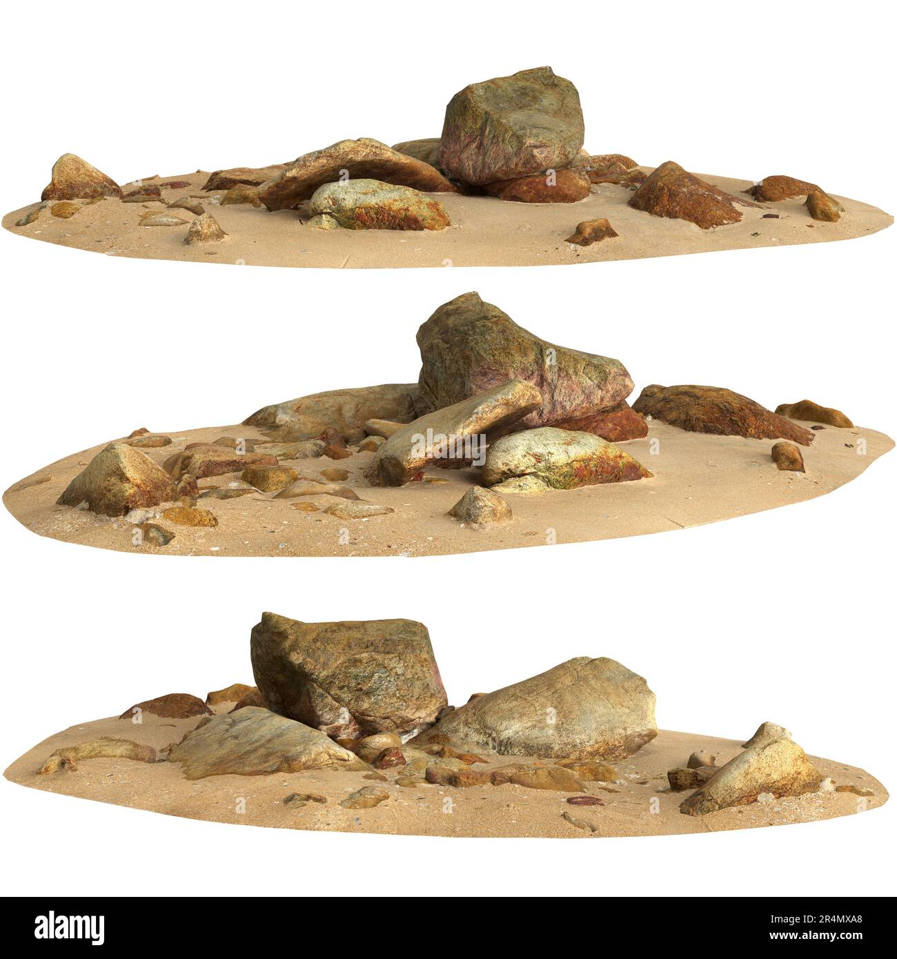 Sand With Rocks Layout 3d illustration of rocks on sand shelf isolated on black background ...