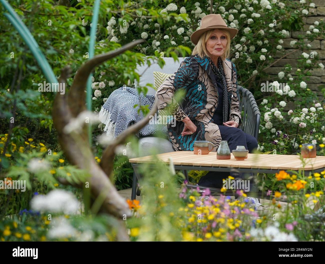 © Jeff Moore Actress and RSPCA supporter, Joanna Lumley  explores BAFTA winning actress and comedian Meera Syall visit The RSPCA Garden at RHS Chelsea Stock Photo