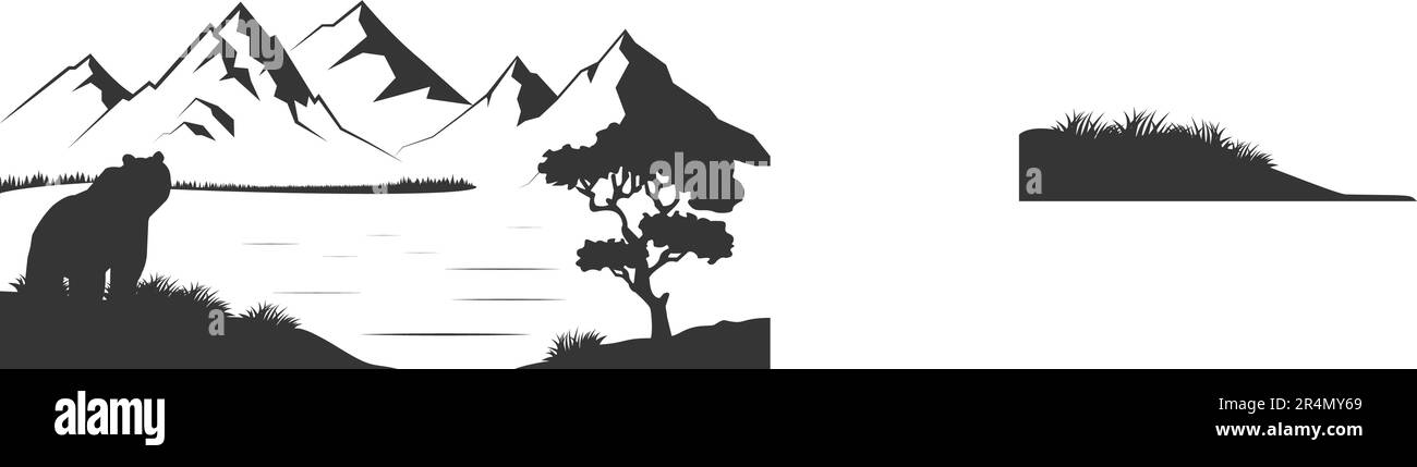 Mountains view, banner in flat cartoon design. Rock peaks, mountains, bears, forest on slopes lakeside. Wildlife panoramic landscape. Vector Stock Vector