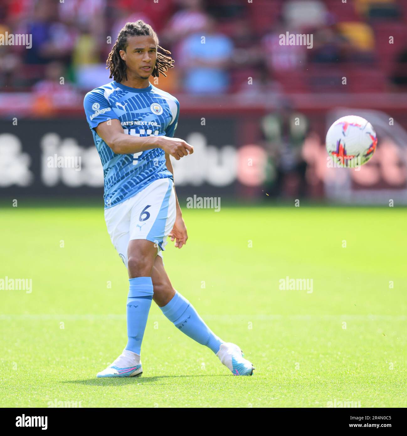 London, UK. 28th May, 2023. 28 May 2023 - Brentford v Manchester City - Premier League - Gtech Community Stadium Manchester City's Nathan Aké during their match against Brentford at the Gtech Community Stadium. Picture Credit: Mark Pain/Alamy Live News Stock Photo