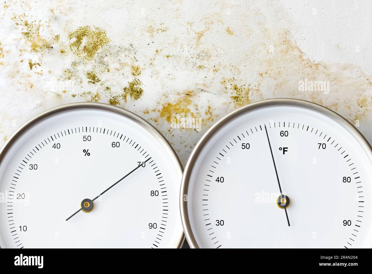 Wall overgrown with mold or mildew with analog thermometer indicating 56 degrees FAHRENHEIT and a hygrometer measuring 70 percent relative humidity. Stock Photo