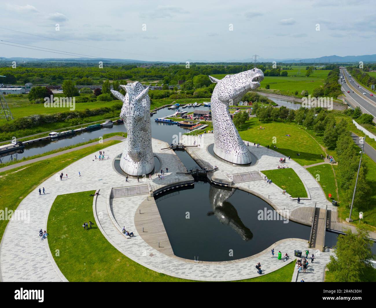 Aerial view of The Kelpies horse sculptures in Helix park in Falkirk, Scotland, UK Stock Photo