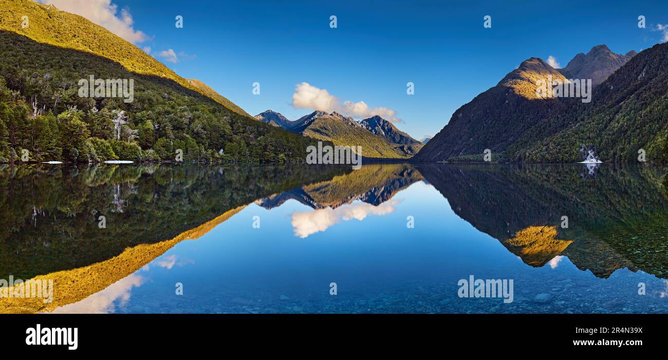 Panorama of Lake Gunn, Fiordland, New Zealand Stock Photo