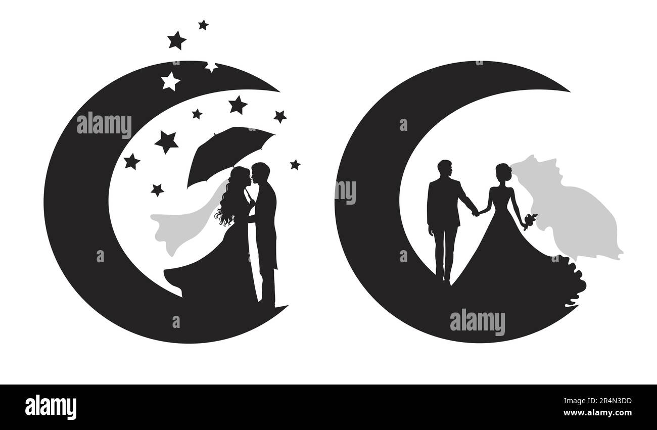 Set of vector silhouettes of a groom and a bride.  Stock Vector