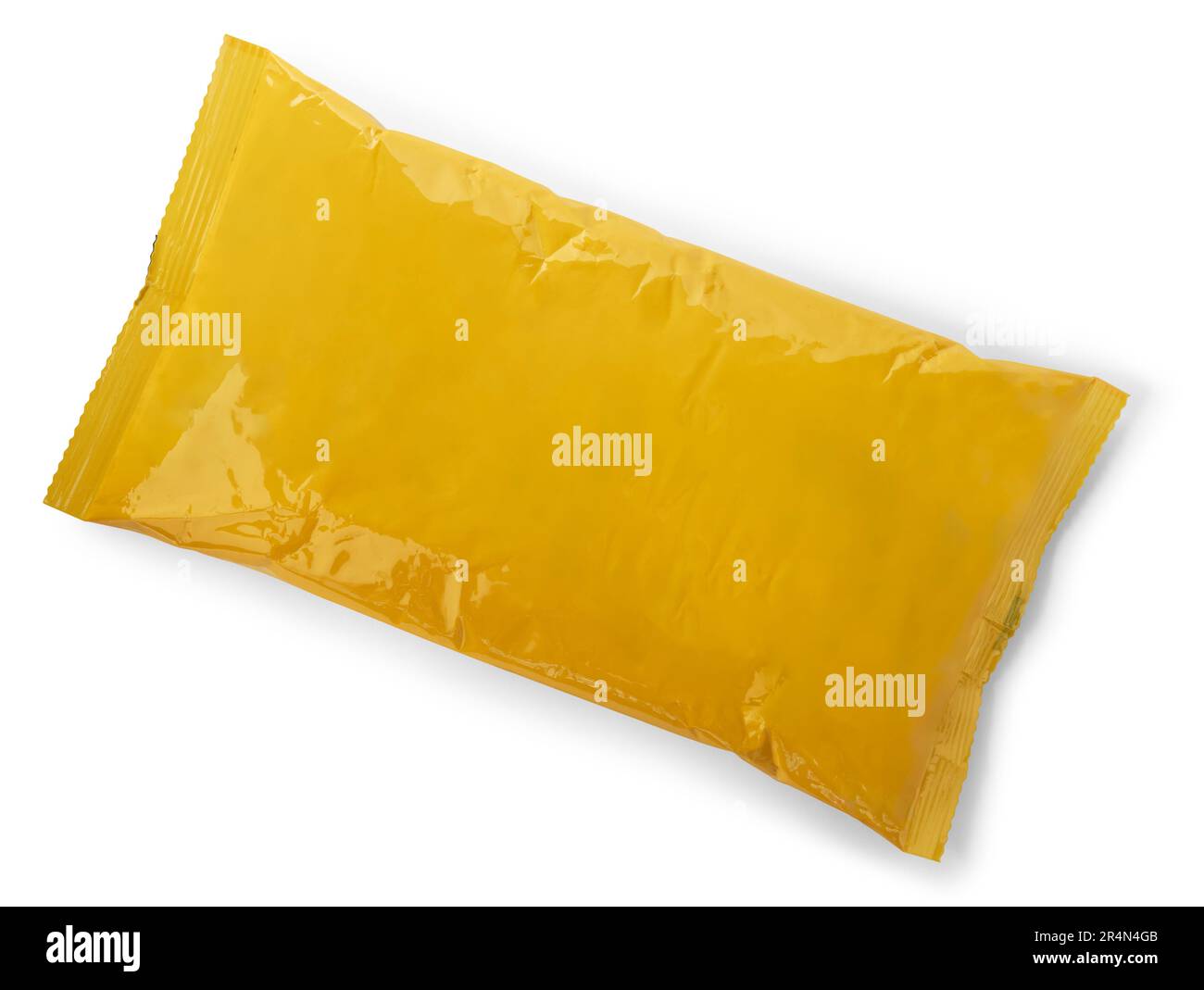 close-up of empty or blank yellow plastic bag product, mock-up template packaging for bulk products or food, milk powder, taken straight from above fo Stock Photo