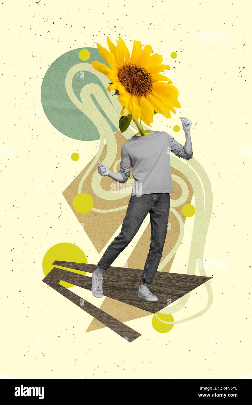 Collage vertical picture of headless human guy dancing sunflower ...