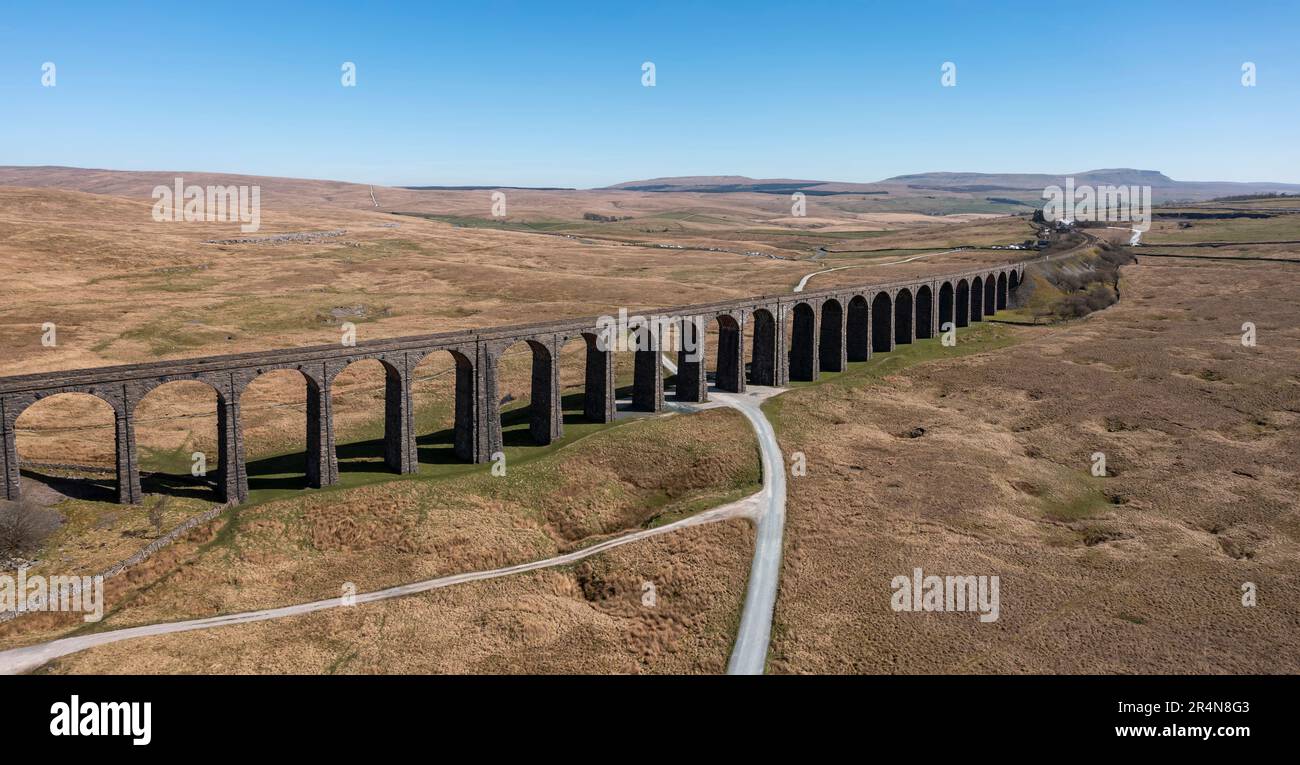 elevated panoramic view of ribblehead viaduct in the yorkshire dales summer day no people Stock Photo