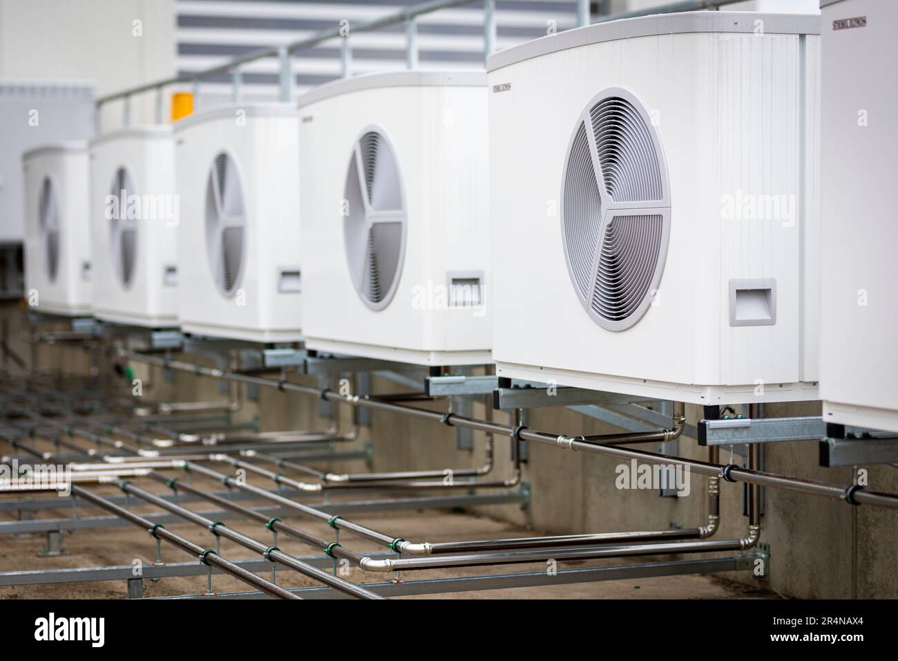 Holzminden, Germany. 23rd May, 2023. Heat pumps are located on the premises of the company 'Stiebel Eltron'. Credit: Moritz Frankenberg/dpa/Alamy Live News Stock Photo
