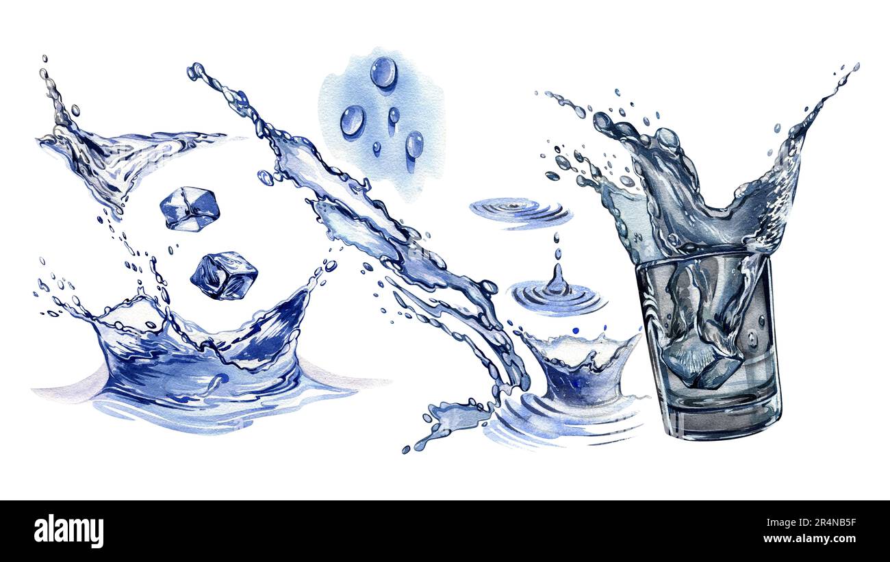 Set water splashing terxture with drop, ice and glass isolated on white ...