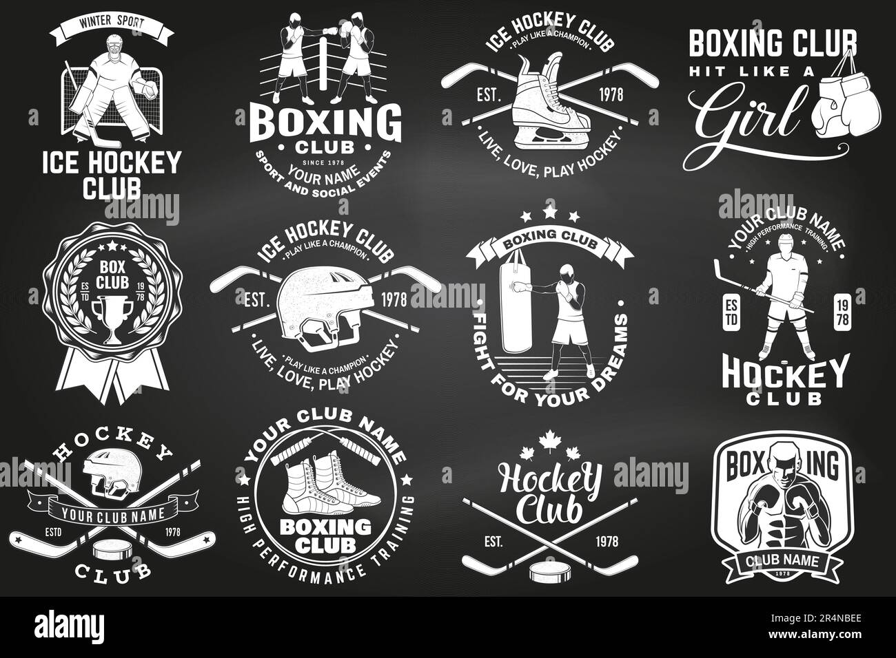 Set of Boxing club and Ice Hockey club badge, logo design on chalkboard