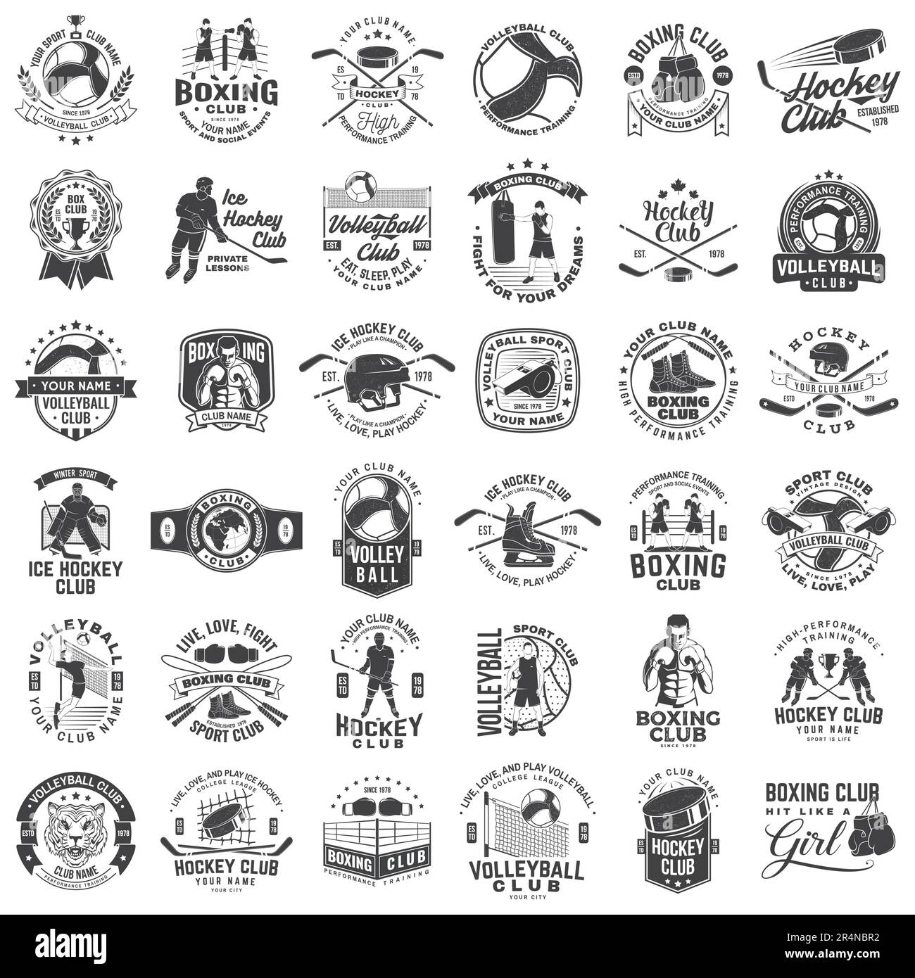 Set of Volleyball, Boxing club and Ice Hockey club badge, logo design