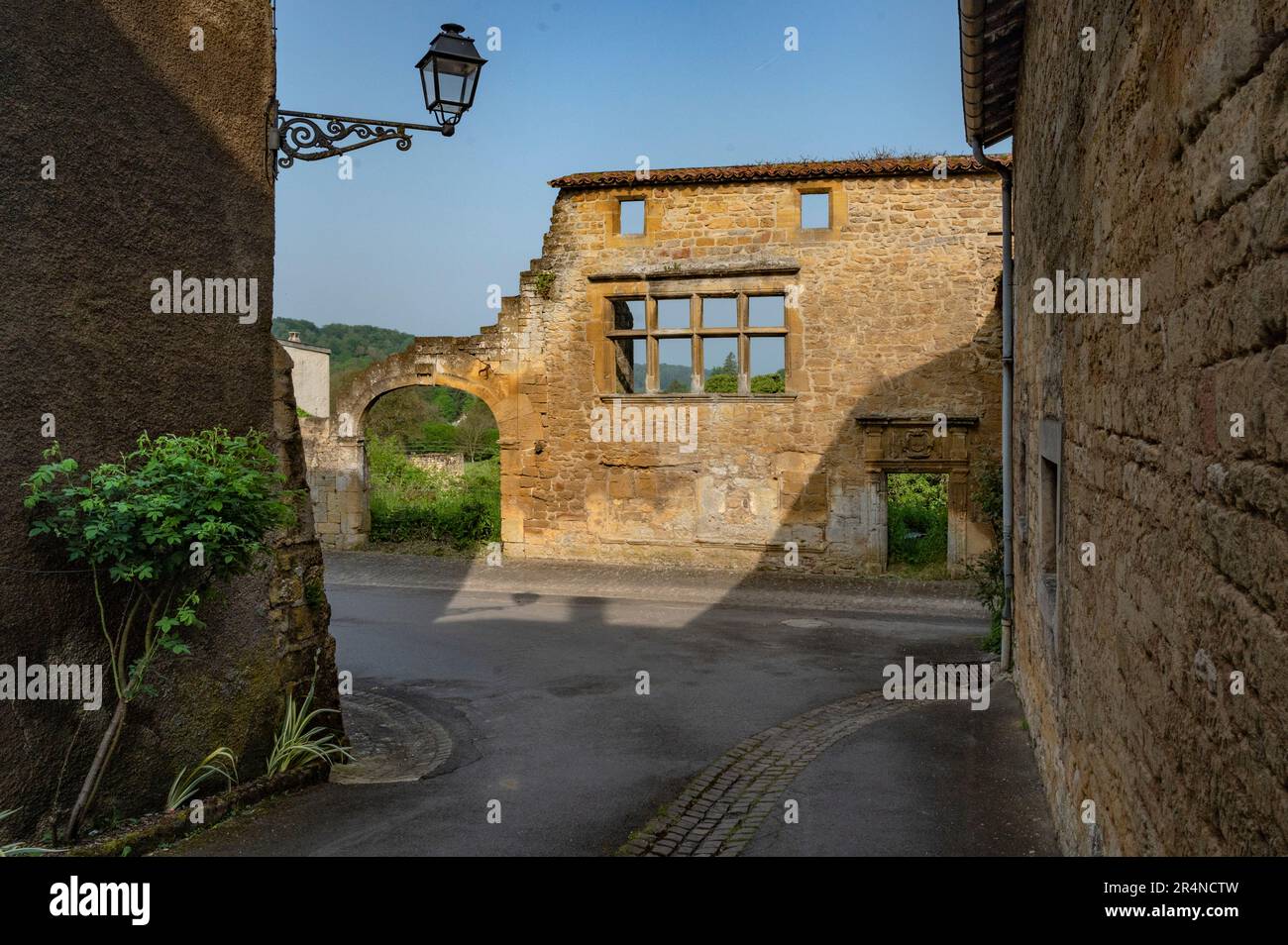 The golden coloured sandstone of the village of Marville  is also present in the facade of the couvent des bénédictines Stock Photo