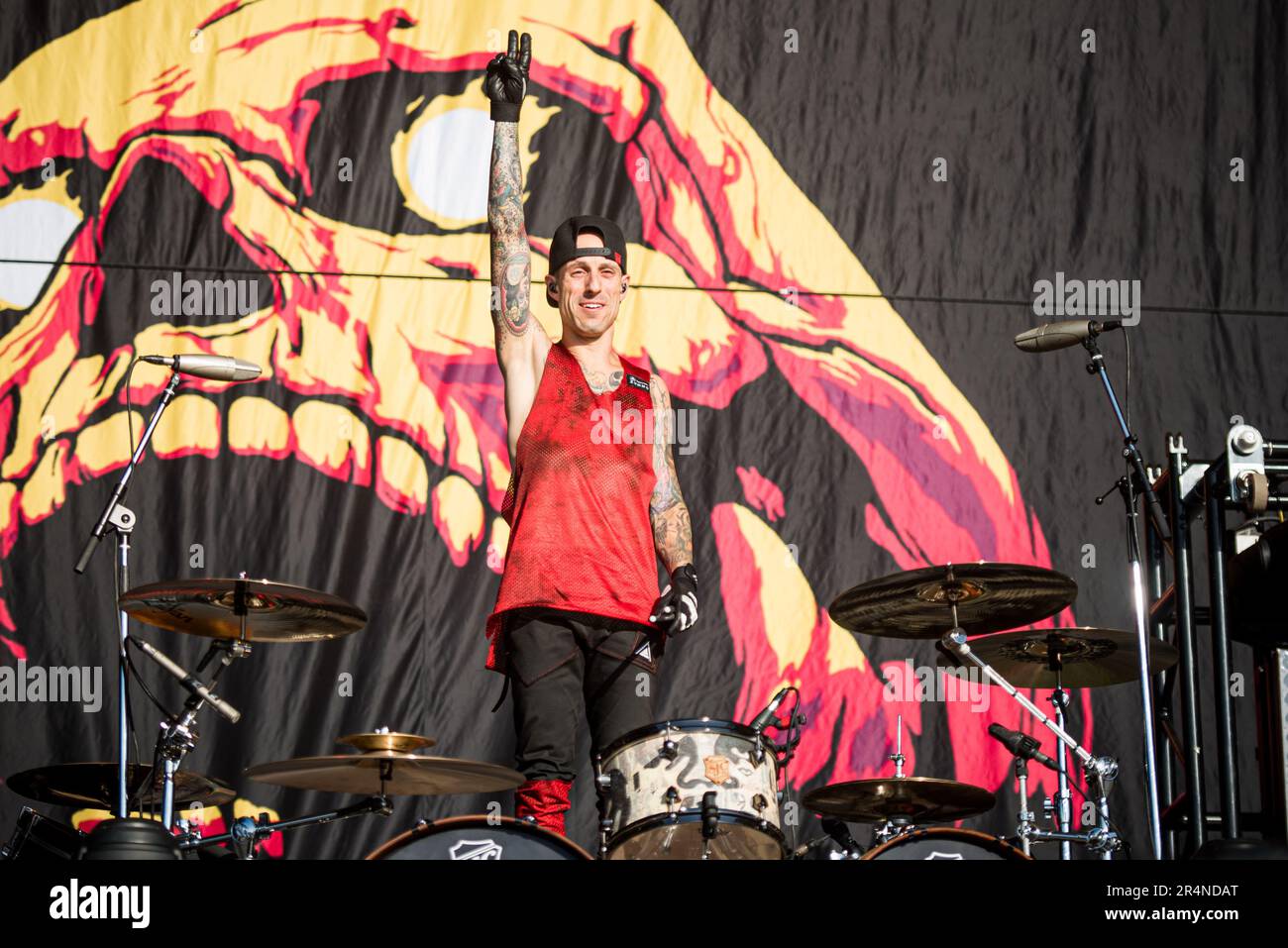 FLORENCE, ITALY, FIRENZE ROCKS FESTIVAL: Frank Zummo, drummer of the Canadian punk rock band SUM41, performing live on stage at the Firenze Rocks festival Stock Photo