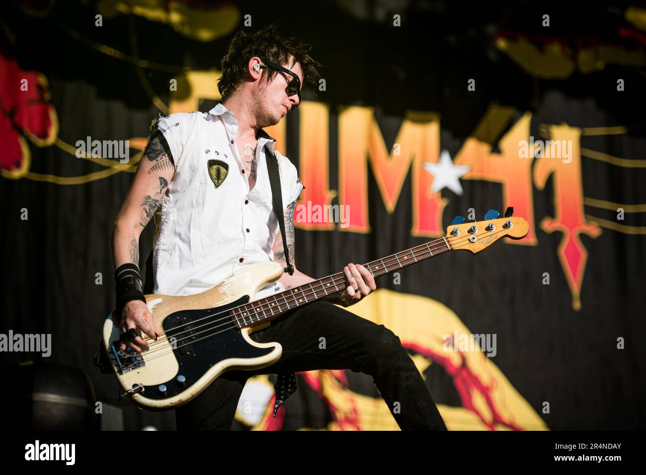 FLORENCE, ITALY, FIRENZE ROCKS FESTIVAL: Cone McCaslin, bassist of the Canadian punk rock band SUM41, performing live on stage at the Firenze Rocks festival Stock Photo