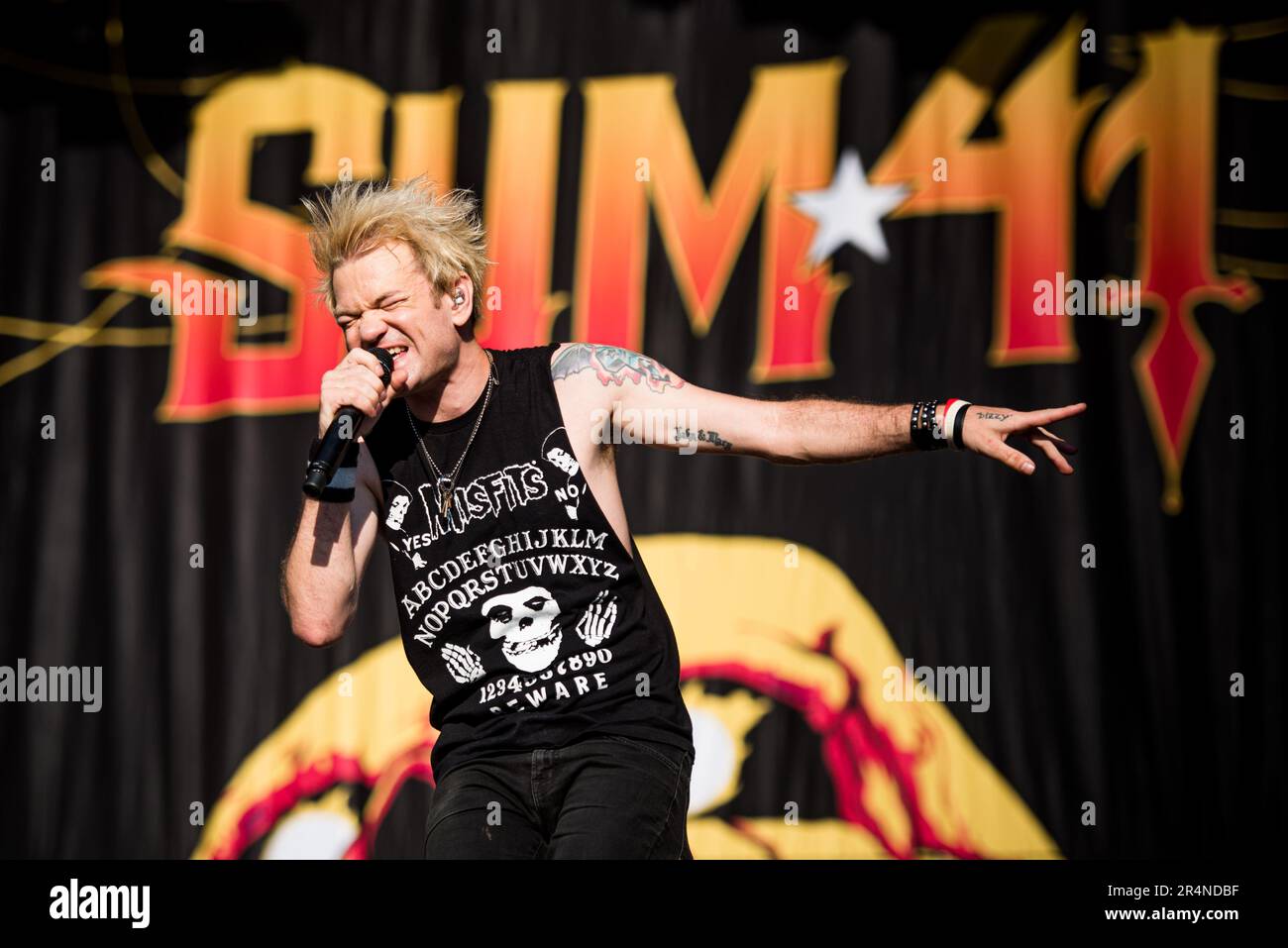 FLORENCE, ITALY, FIRENZE ROCKS FESTIVAL: Deryck Whibley, singer and founder of the Canadian punk rock band SUM41, performing live on stage at the Firenze Rocks festival Stock Photo