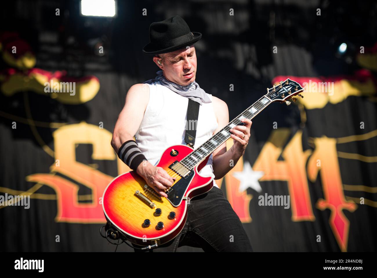 FLORENCE, ITALY, FIRENZE ROCKS FESTIVAL: Thomas William Thacker, guitarist of the Canadian punk rock band SUM41, performing live on stage at the Firenze Rocks festival Stock Photo