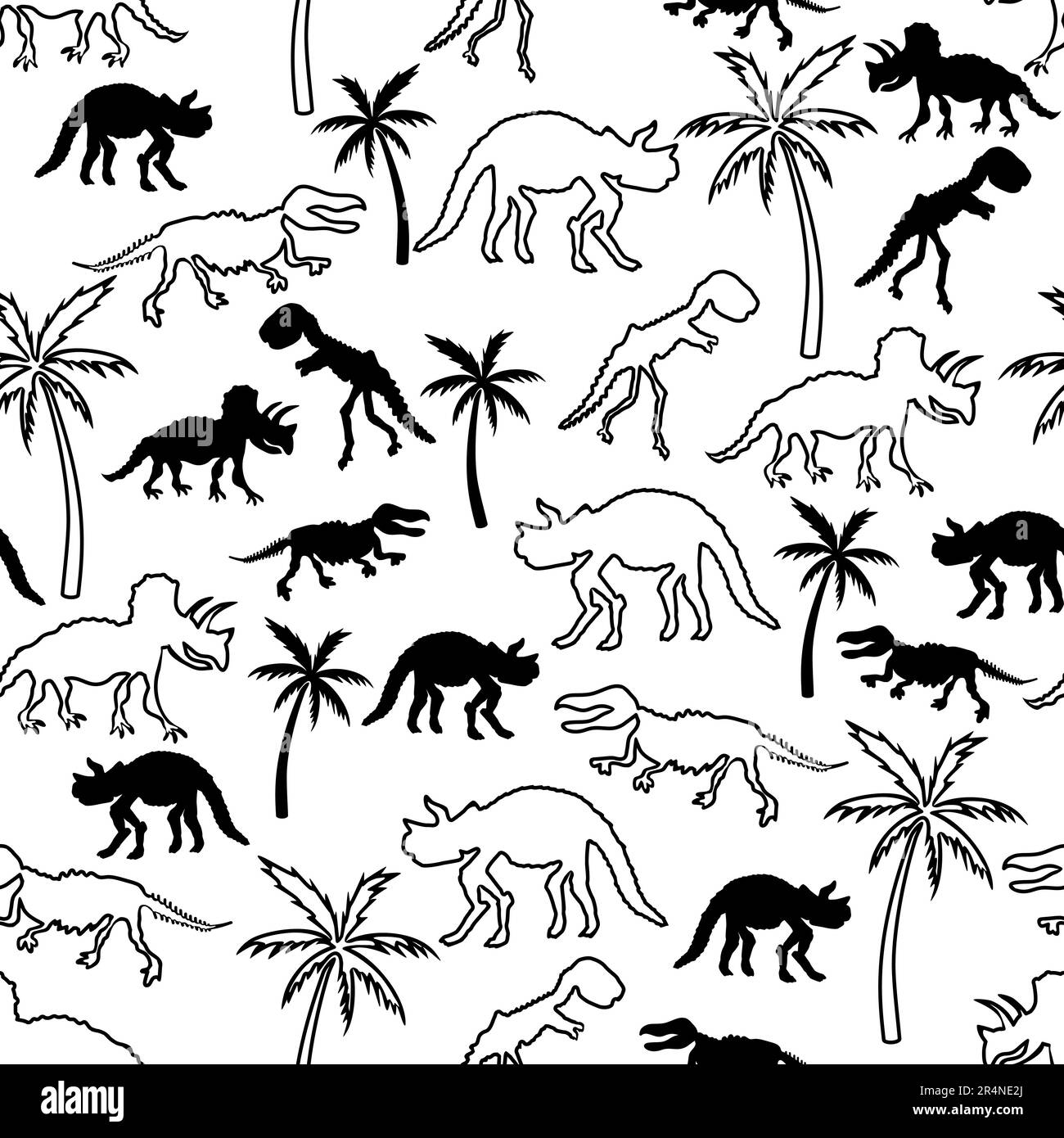 Dinosaur skeleton and palm tree. Seamless pattern. Original design with t-rex, dinosaur bones, plants. Print for T-shirts, textiles, web. Stock Vector
