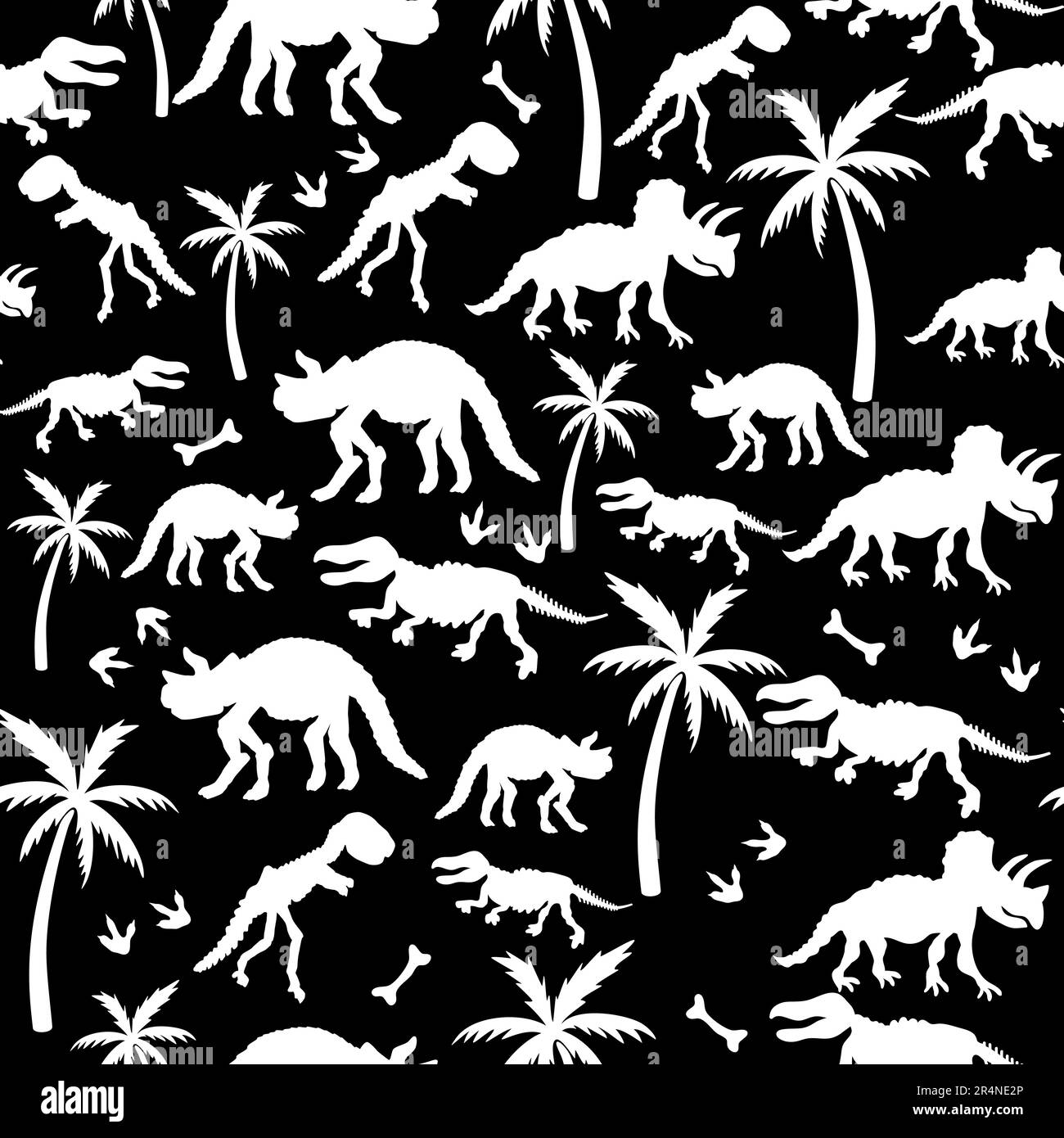 Dinosaur skeleton and palm trees Seamless pattern. Print for T-shirts, textiles, web. Stock Vector