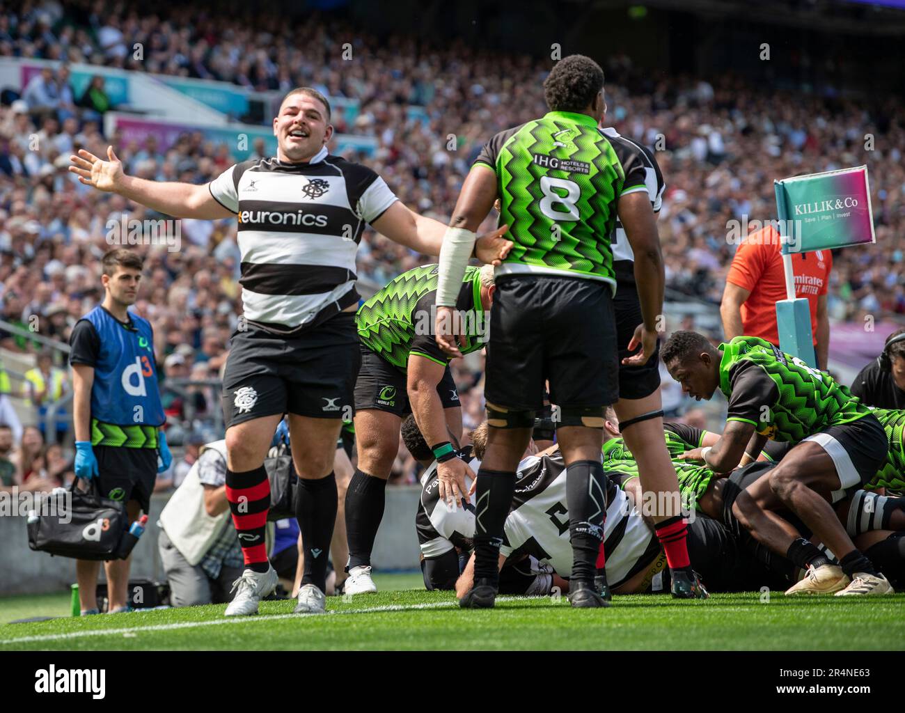 Enrique Pieretto of the Barbarians celebrates after a try during the Killik Cup match between Barbarians and World XV at Twickenham Stadium on May 28, Stock Photo
