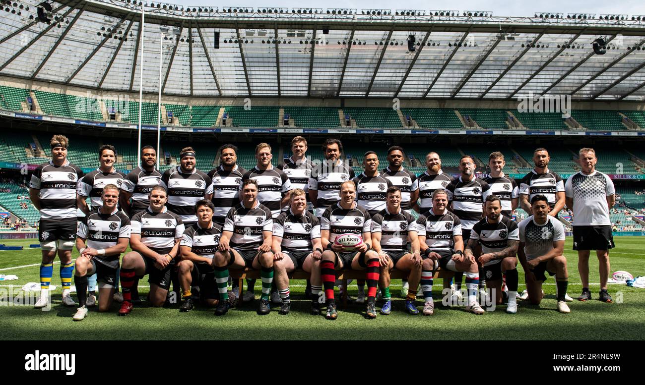 The Barbarians players pose for a team photograph prior to the Killik Cup match between Barbarians and World XV at Twickenham Stadium on May 28, 2023 Stock Photo