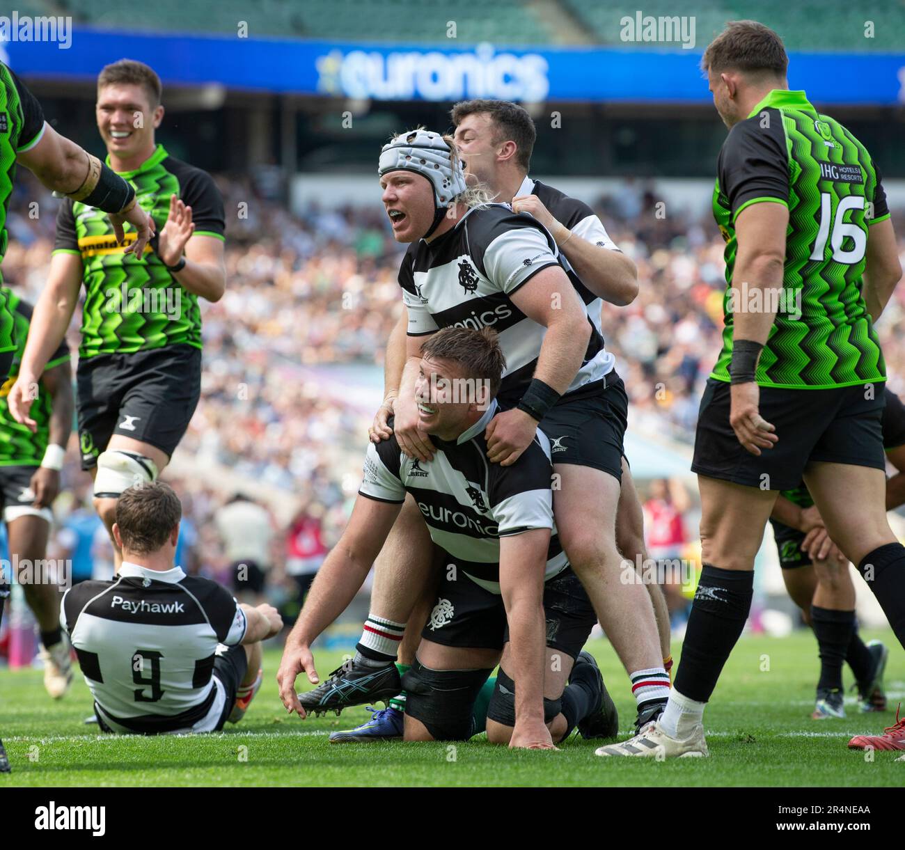 Stephan Lewies and Nic Dolly of Barbarians celebrates after try during the Killik Cup match between Barbarians and World XV at Twickenham Stadium on M Stock Photo