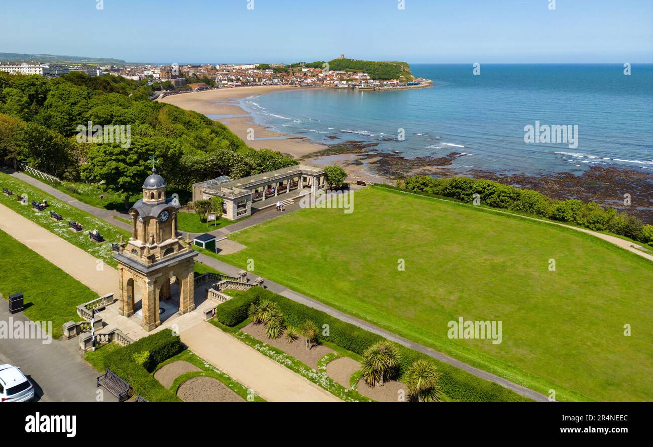 Aerial view of Holbeck Clock Tower and South Cliff in Scarborough in North Yorkshire in the northeast of England. Stock Photo