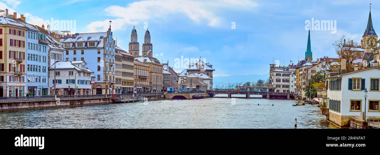 Panorama of the central Altstadt district of Zurich with scenic townhouses on Limmat riversides, Zurich, Switzerland Stock Photo