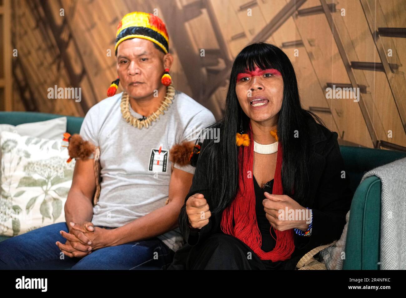 yawalapiti Chief Watatakalu Yawalapiti, leader of the Xingu women's movement, right,  and Tapi Yalawapiti, honorary president of the AFV Rainforest Organization,  both from Brazil, give an interview in Paris, France, Friday, May 26,