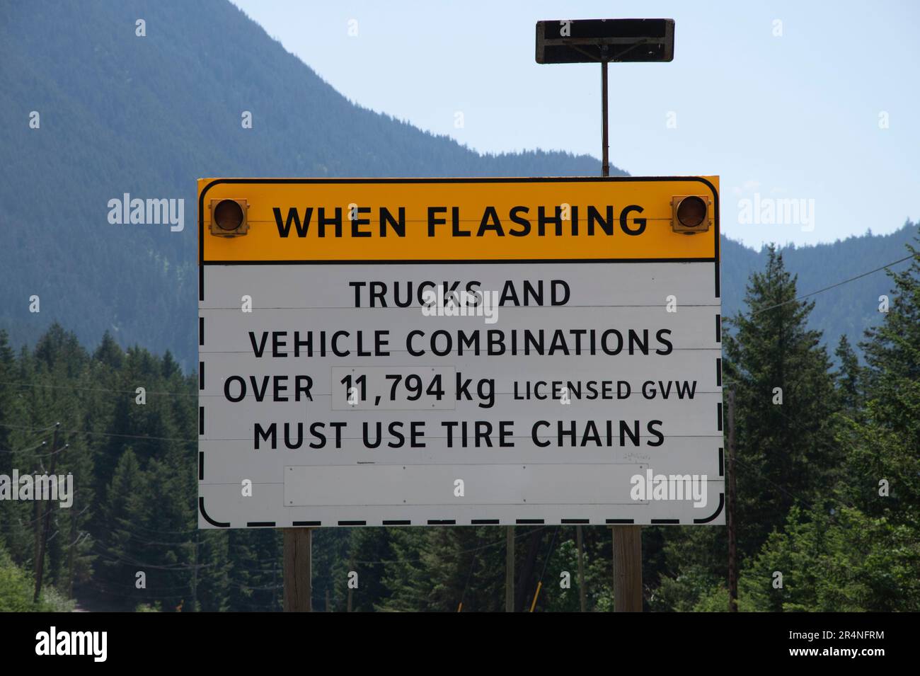 Warning sign for trucks on Trans-Canada Highway in Boston Bar, British Columbia, Canada Stock Photo