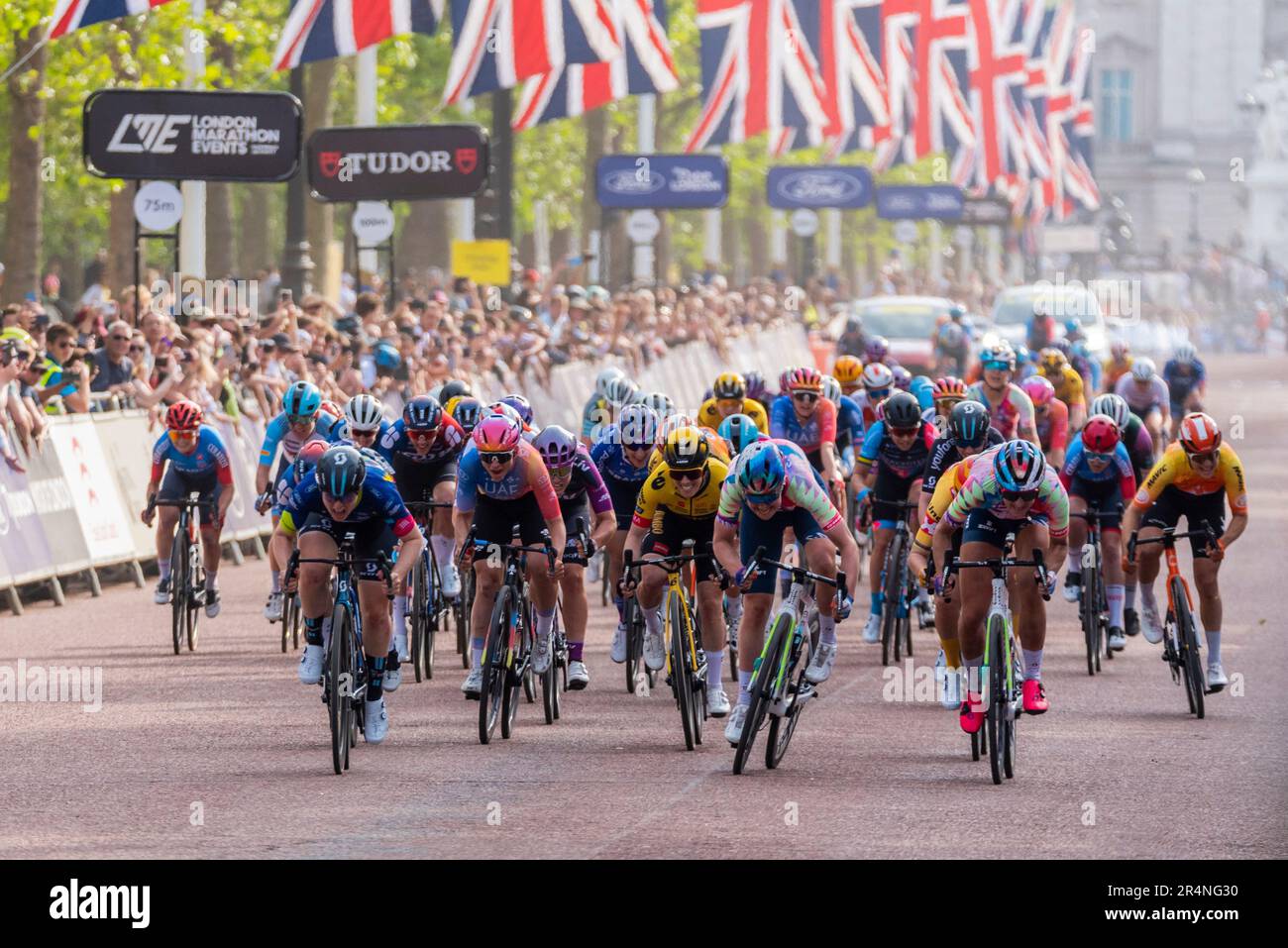 Bunch sprint finish of the Classique UCI Women's WorldTour road race Stage 3 of the 2023 Ford RideLondon. Won by Charlotte Kool of Team DSM Stock Photo