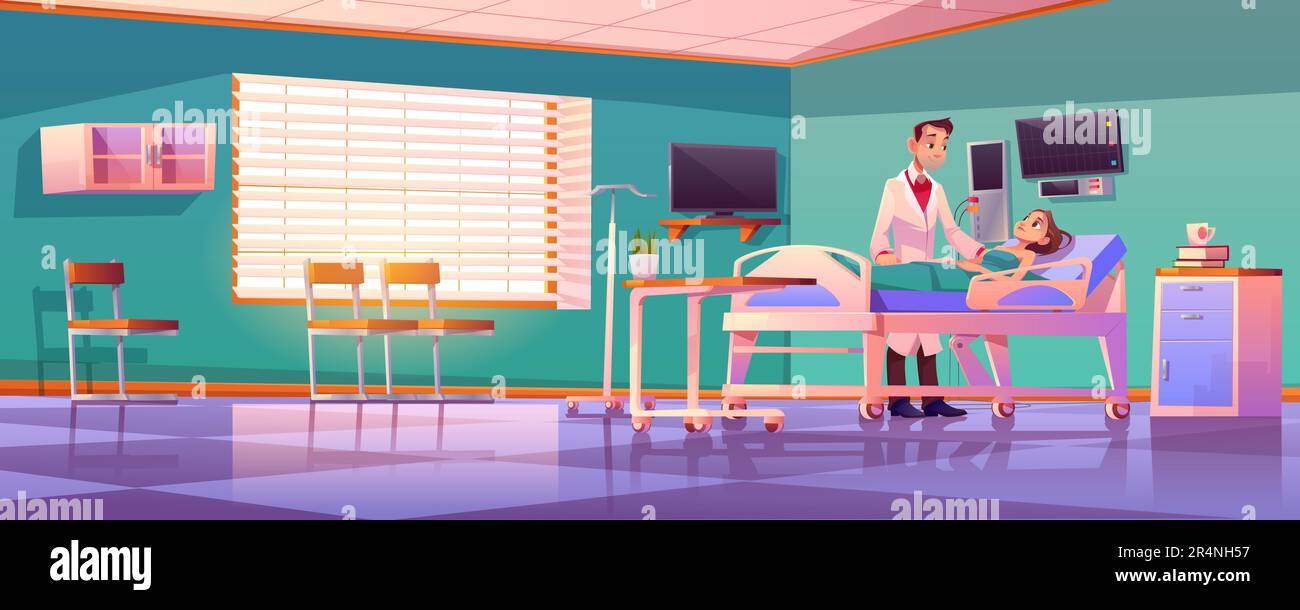 Hospital ward with doctor and patient on adjustable bed. Vector cartoon  illustration of sick woman and male nurse in clinic. Room interior with  medical monitor and drop counter Stock Vector Image 