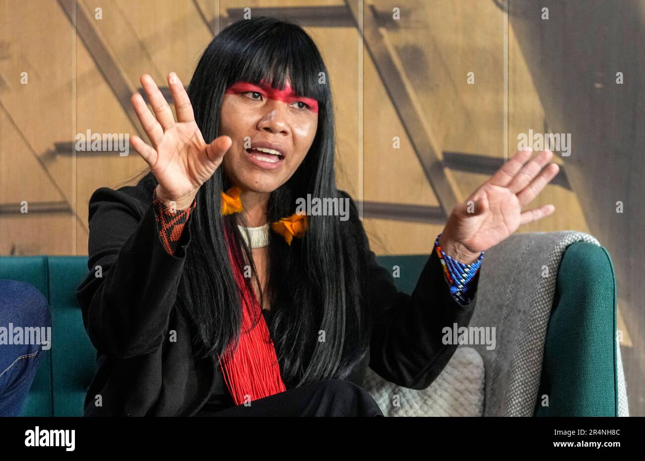 yawalapiti Chief Watatakalu Yawalapiti, leader of the Xingu women's movement, of  Brazil, gives an interview in Paris, France, Friday, May 26, 2023.  Yawalapiti is in Paris for The ChangeNOW summit, which focuses on