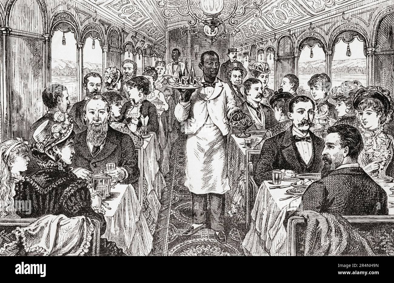 Passengers dining in a Pullman Parlour railway car, 19th century. From America Revisited: From The Bay of New York to The Gulf of Mexico, published 1886. Stock Photo