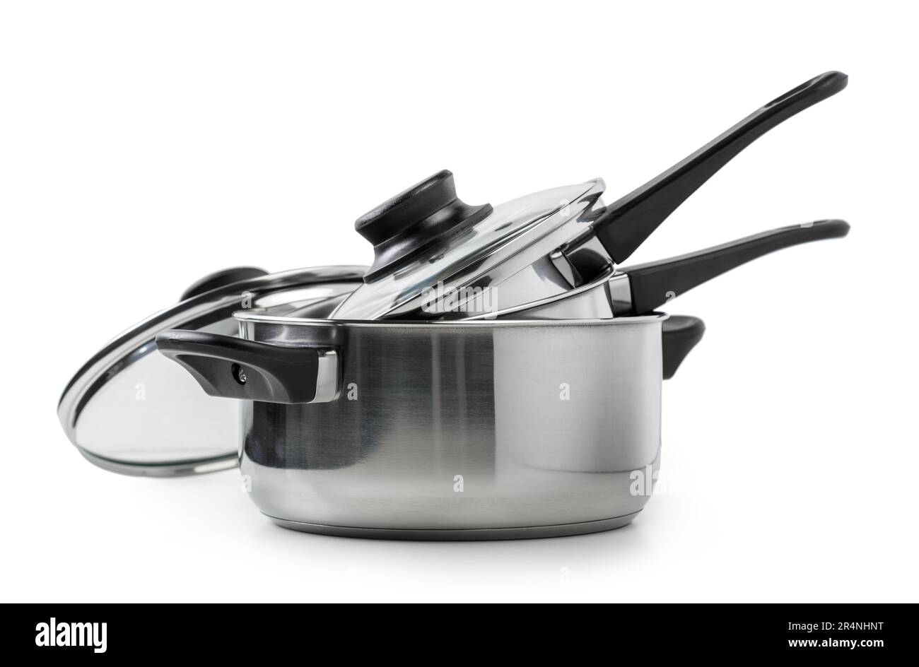 Stainless steel pots and pans isolated on white Stock Photo Alamy