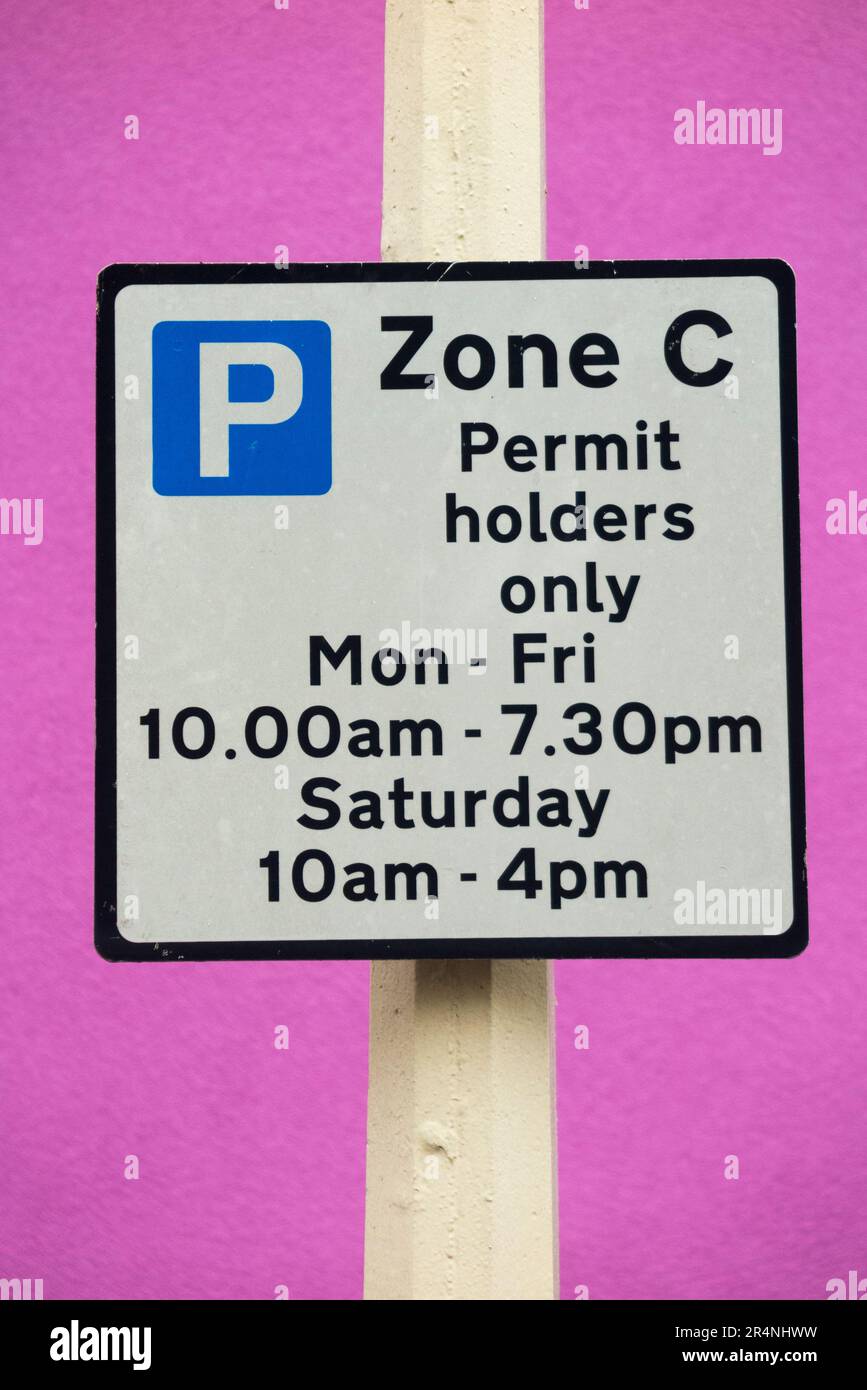Sign describing the restrictions in a Residents Parking Bay, zone C permit holders only at times