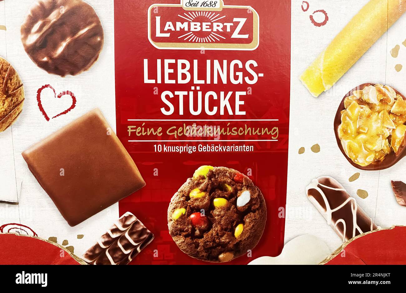 Viersen, Germany - May 9. 2023: Closeup of box Lambertz pastry bakery mix in shelf of german supermarket Stock Photo
