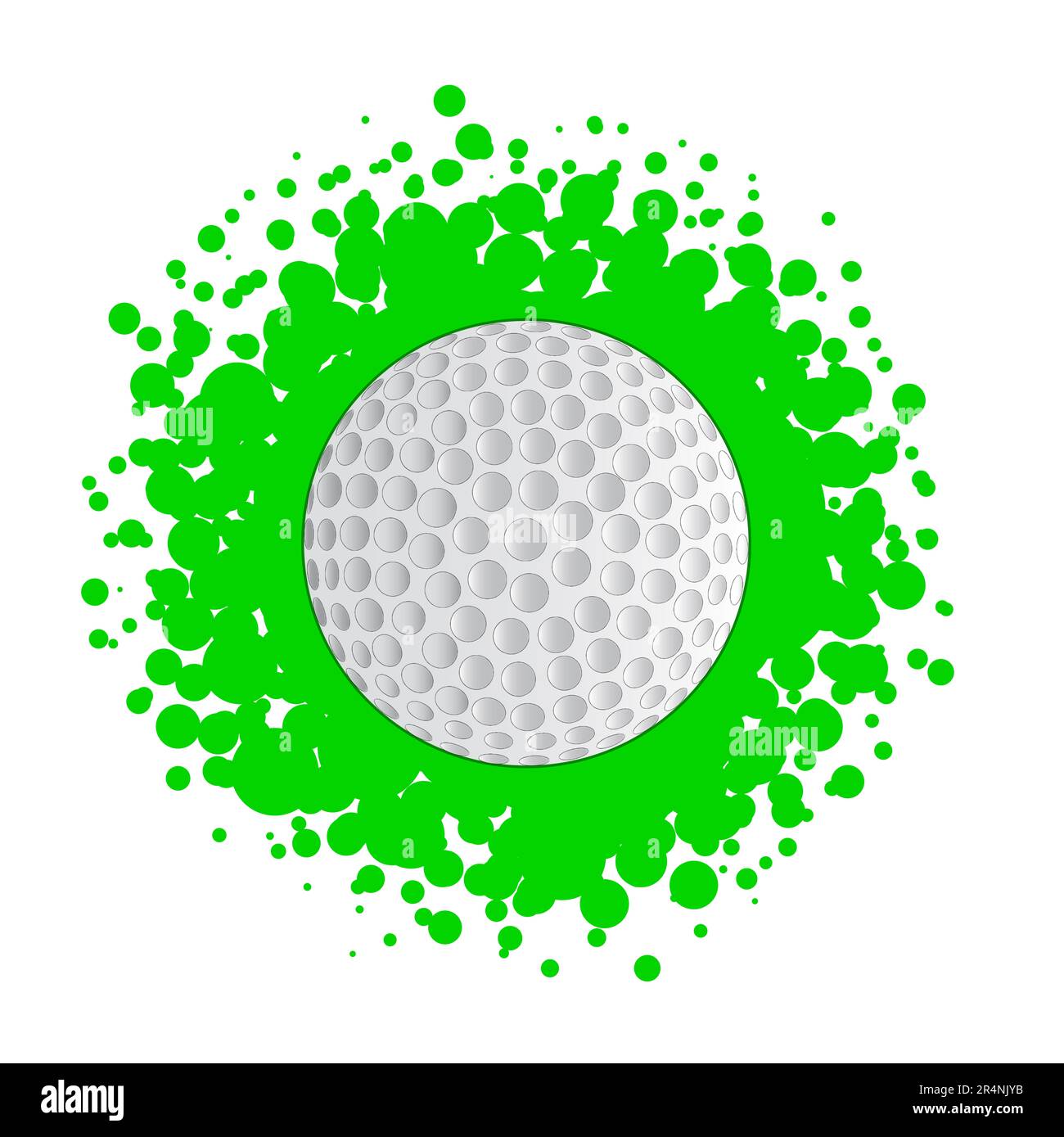 A golf ball set on a green splatter background and isolated on a white