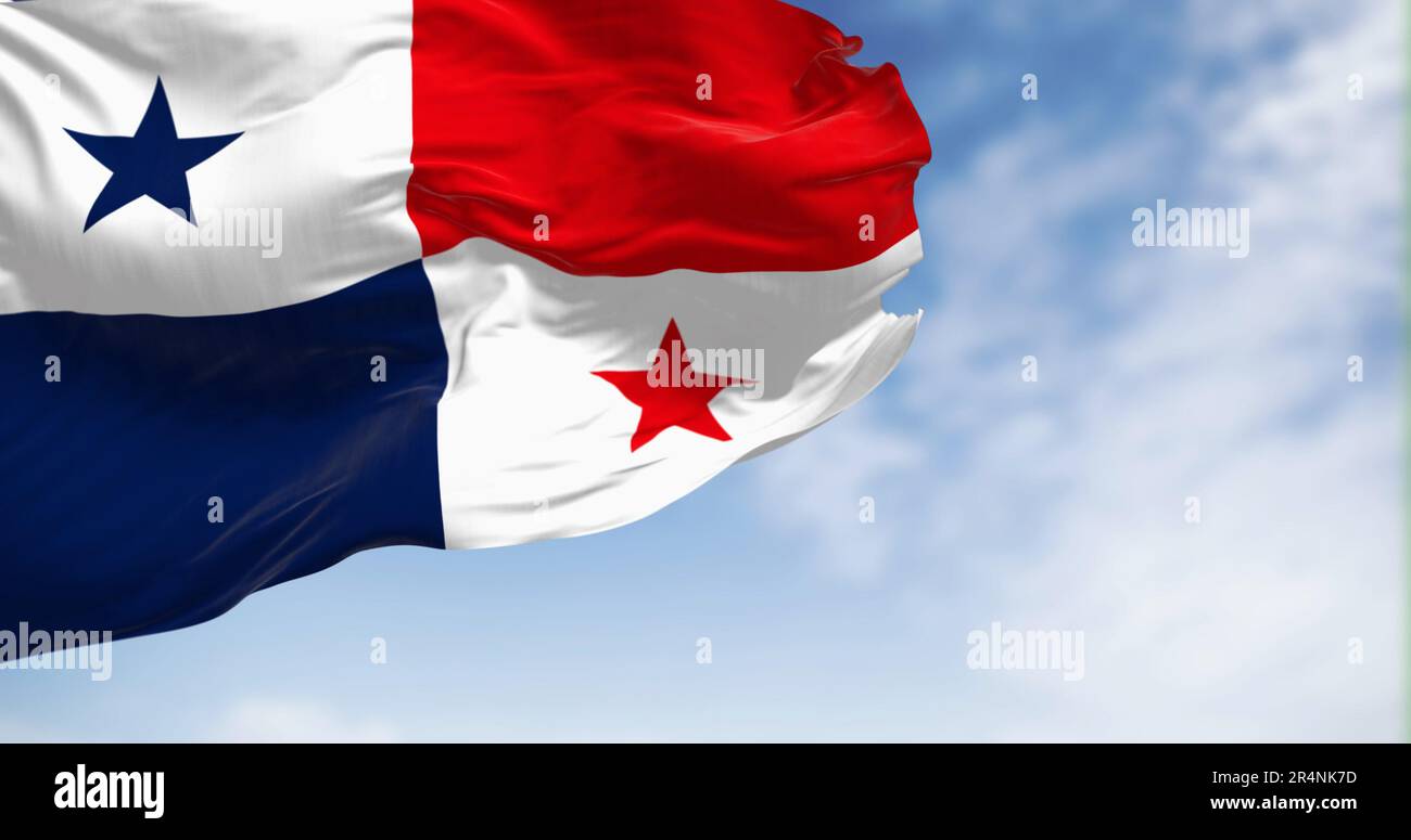 Panama national flag waving in the wind on a clear day. The Republic of Panama is a State of Central America. Rippled fabric. Textured background. Sel Stock Photo