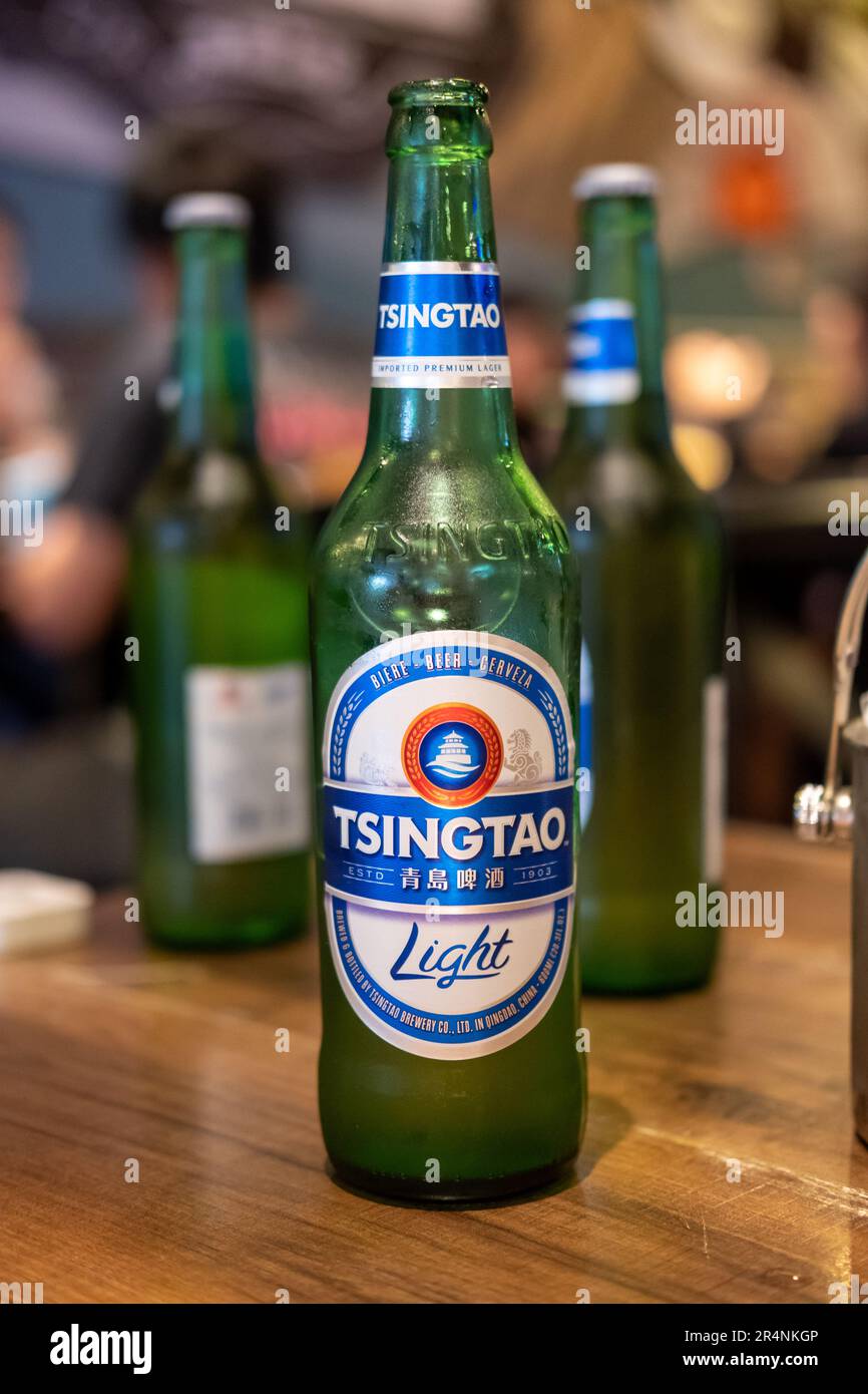 Singapore 22 October 2022 Bottles of Tsingtao beer. Tsingtao Brewery