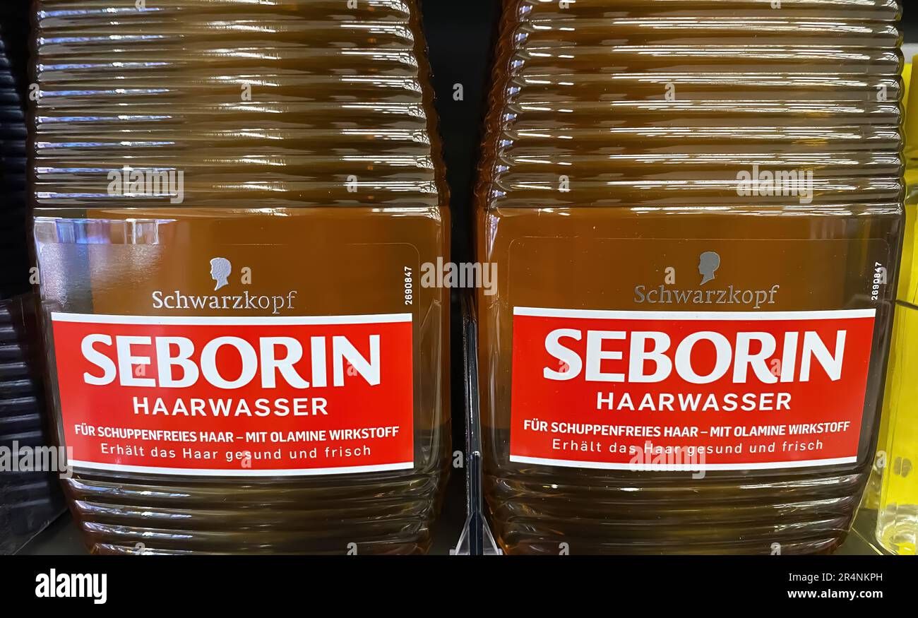 Viersen, Germany - May 9. 2023: Closeup of bottles seborin hair tonic against dandruff  in shelf of german store Stock Photo
