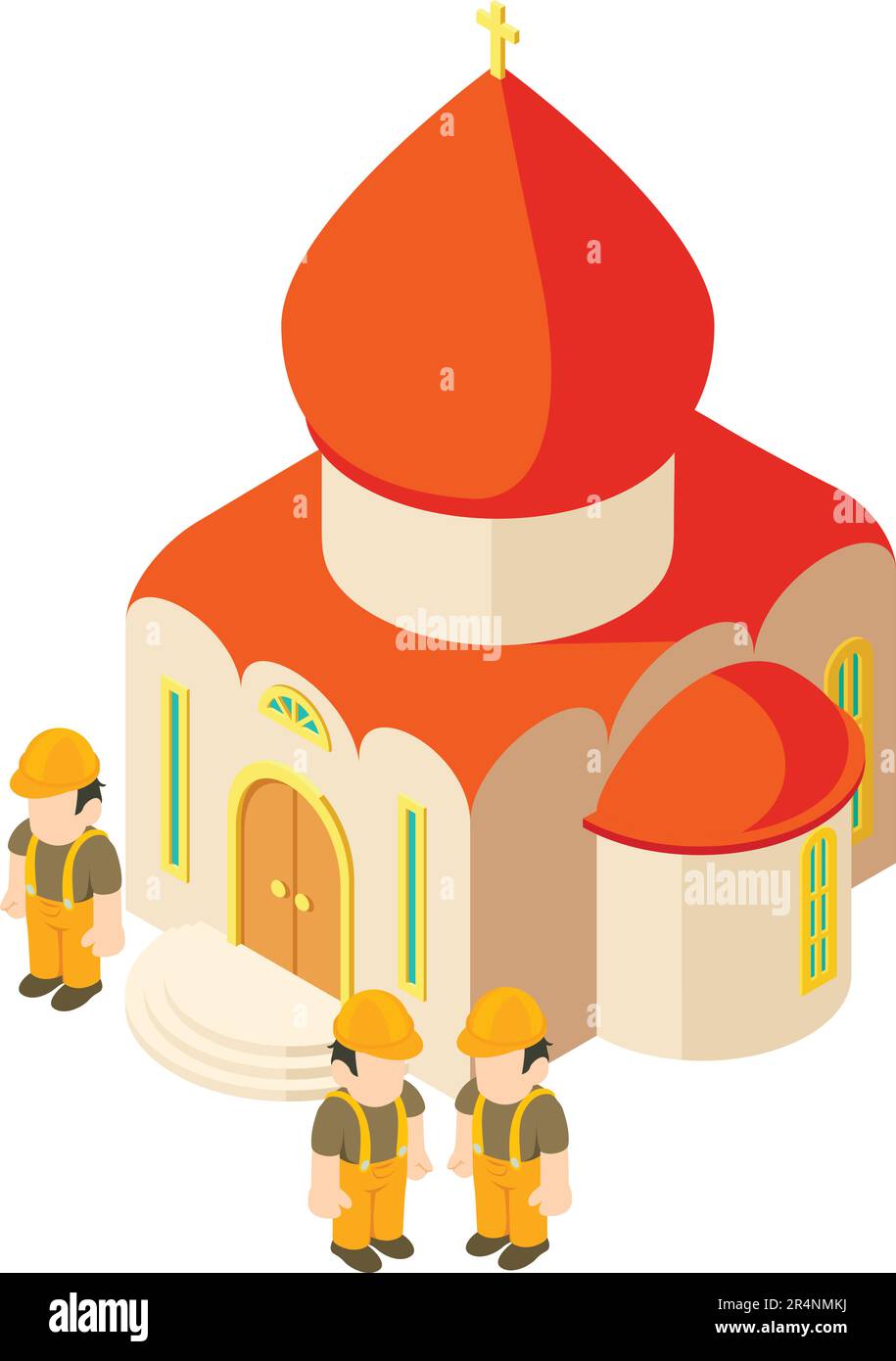 Church repair icon isometric vector. Three worker near christian church ...