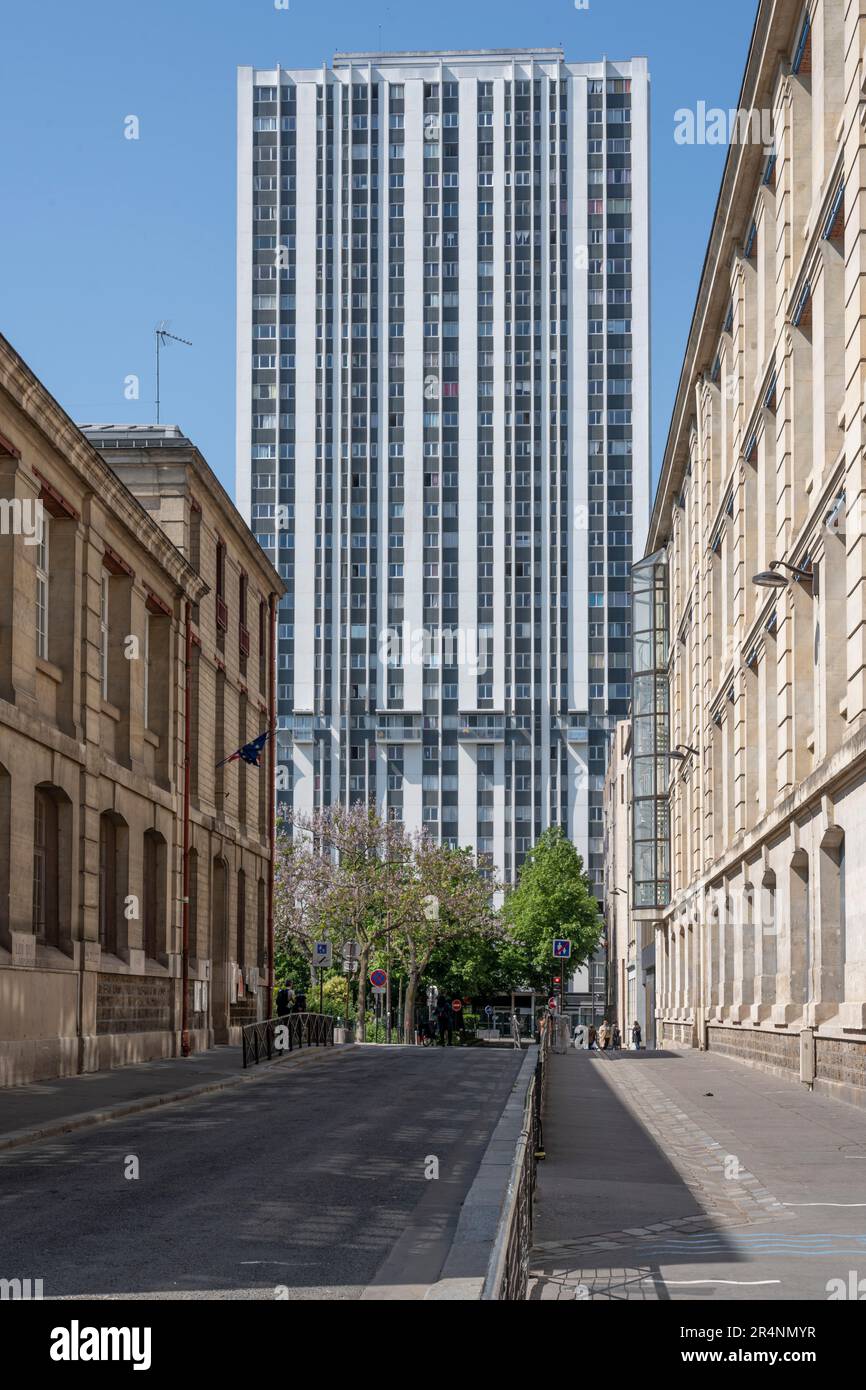 Paris, France - 05 19 2023: Flandres district. View of the Square Serge Reggiani and a building behind Stock Photo