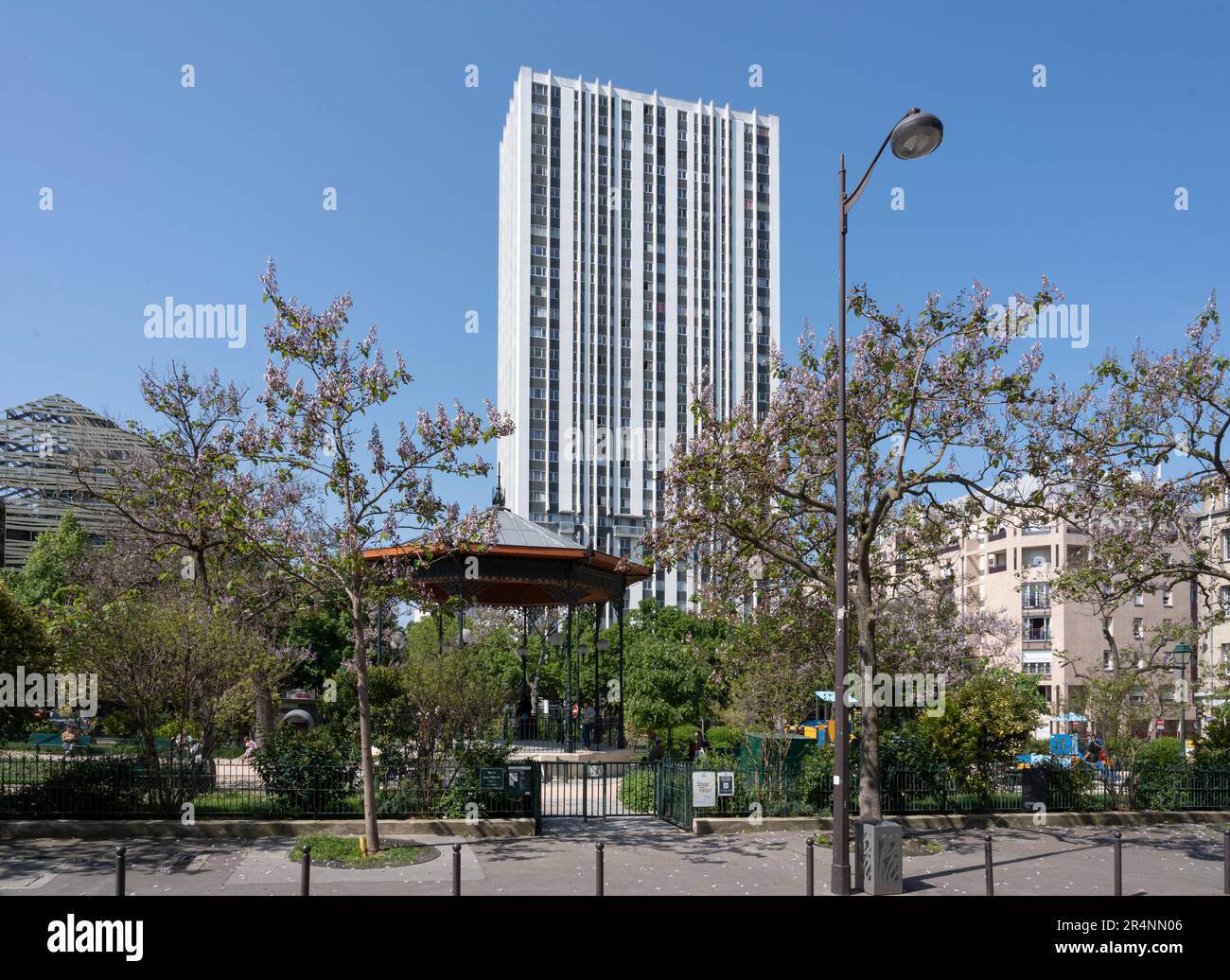 Paris, France - 05 19 2023: Flandres district. View of the Square Serge Reggiani and a building behind Stock Photo